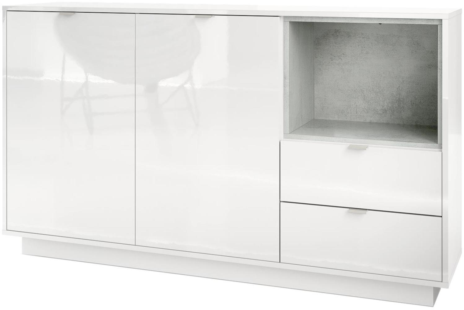 Sideboard Kommode Metro, Korpus in Weiß Hochglanz / Fronten in Weiß Hochglanz mit Einsatz in Beton Oxid Optik Bild 1