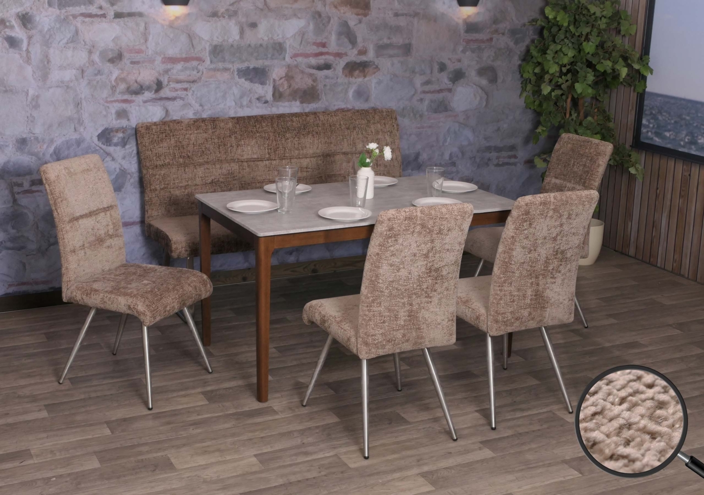 Esszimmer-Set HWC-G55, 4er-Set Stuhl + Sitzbank 160cm, Edelstahl gebürstet Stoff/Textil Chenille ~ braun Bild 1