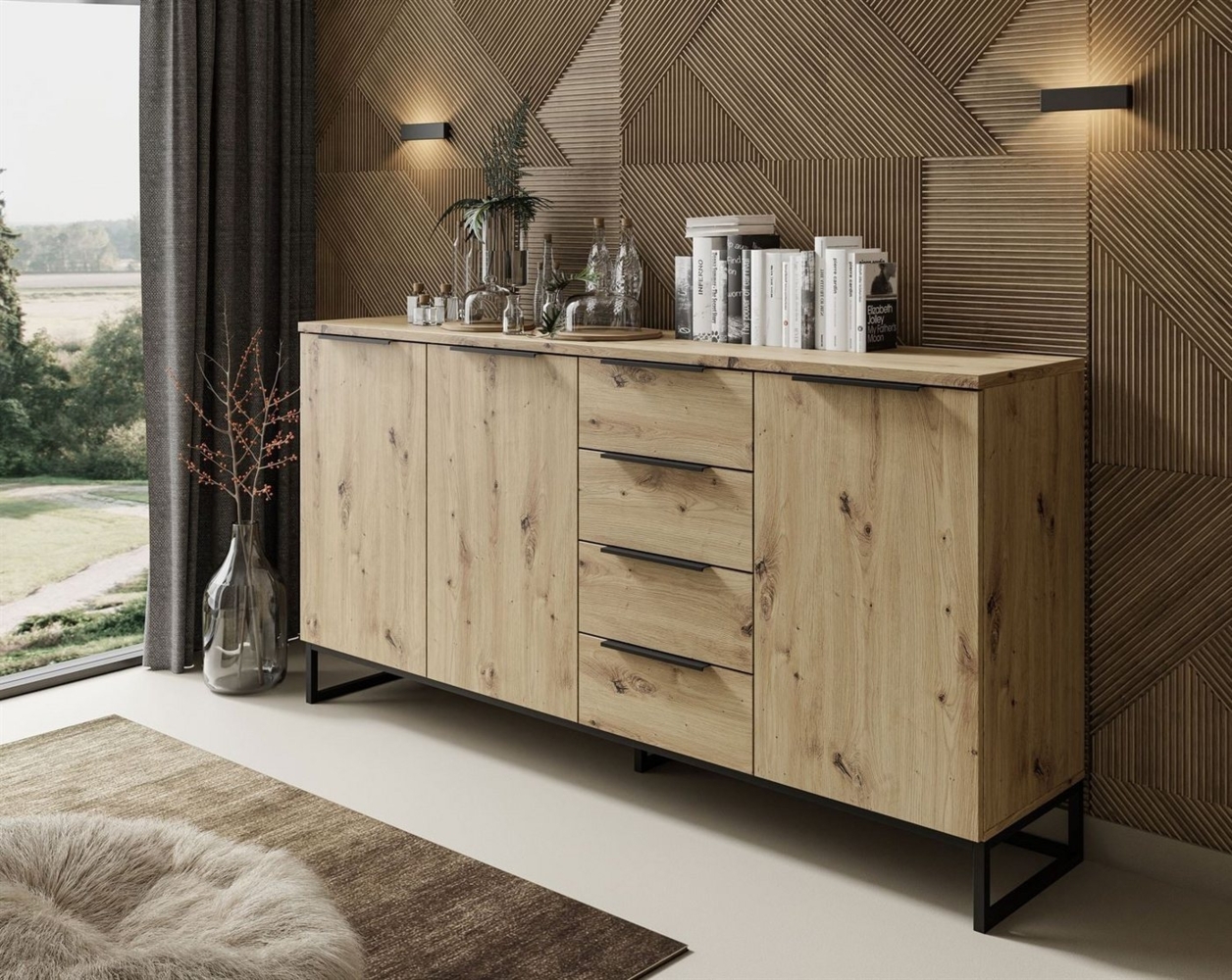 ALLHOUSE24 Kommode ADLON 180 Dreitüriges Sideboard Artisan Eiche Metallgestell BERLIN, Breite 178 cm Bild 1