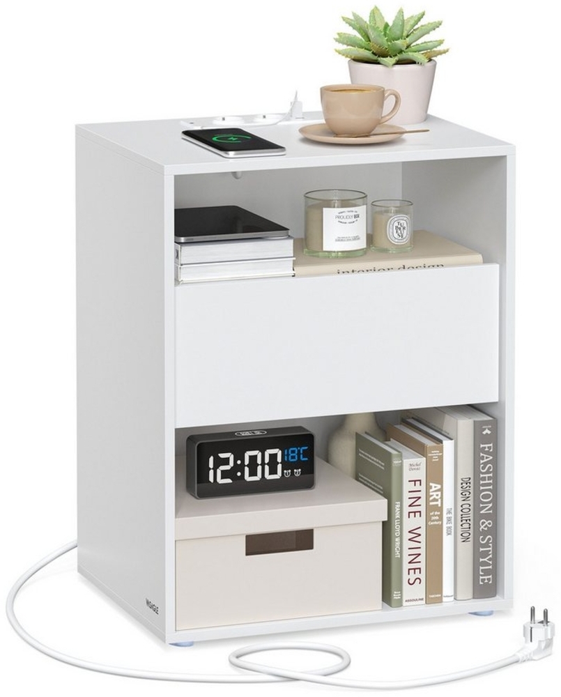 Vasagle Toolless-Technologie, superschnelle werkzeuglose Montage, Nachttisch, Beistelltisch mit Ladefunktion, Nachtschrank mit Schublade, modern, Schlafzimmer, Wohnzimmer, mattweiß LETDE777W04 Bild 1