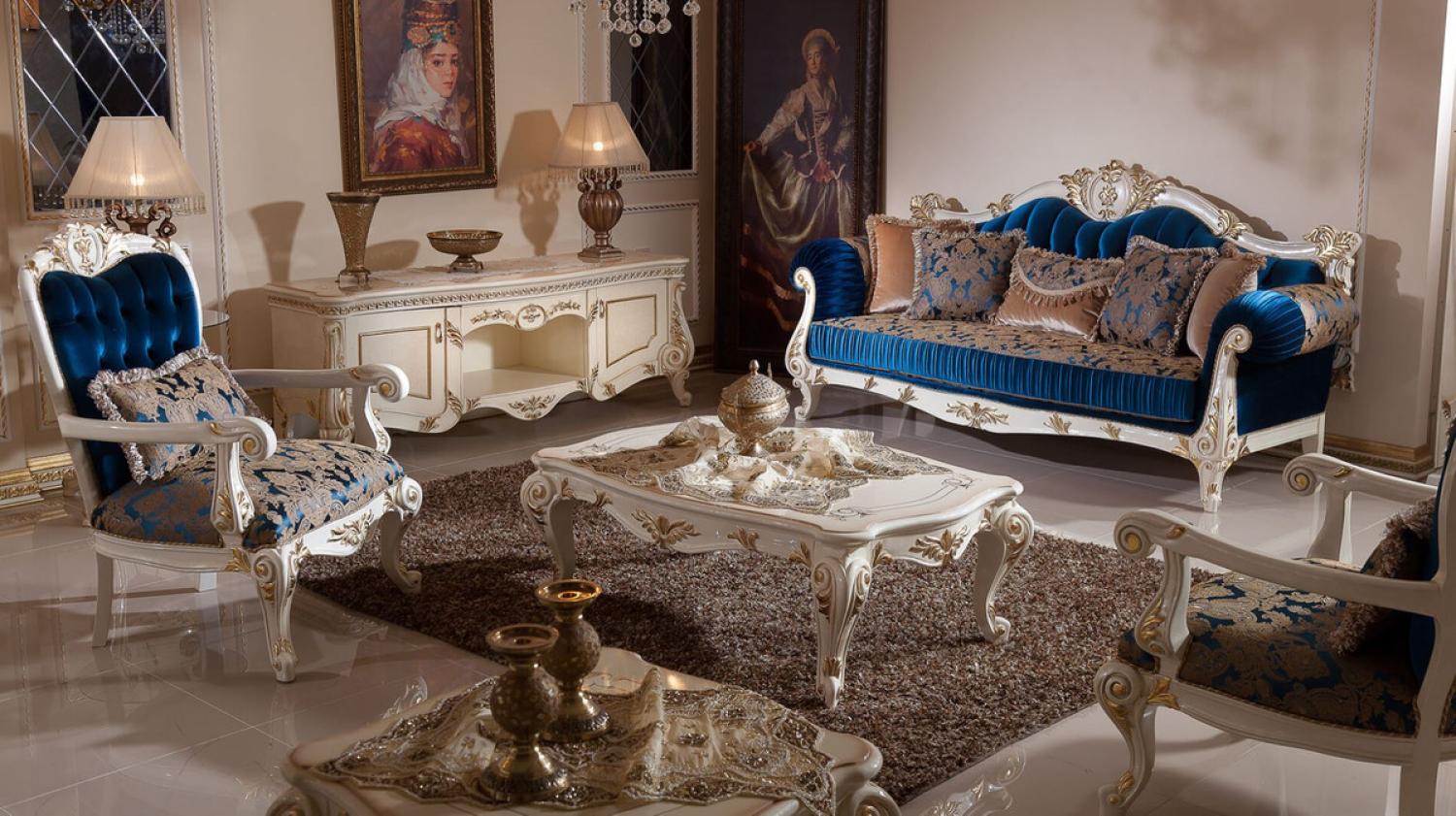 Casa Padrino Luxus Barock Wohnzimmer Set Blau / Braun / Weiß / Gold - 2 Barock Sofas & 2 Barock Sessel & 1 Barock Couchtisch - Wohnzimmer Möbel im Barockstil - Barock Möbel - Barock Einrichtung Bild 1