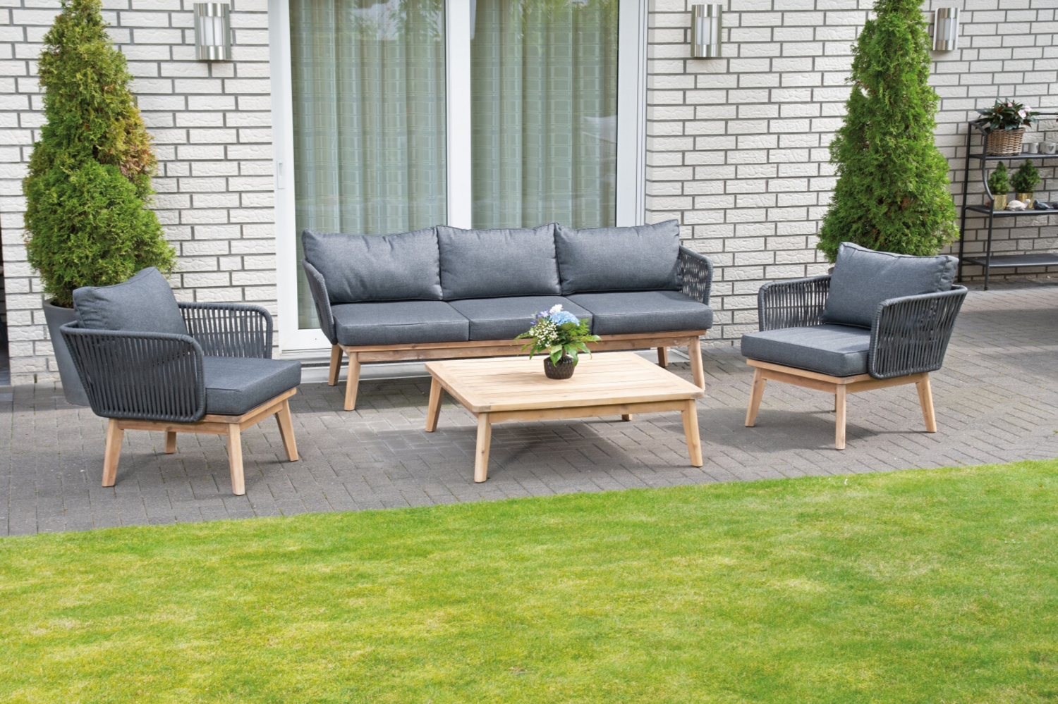 SunnySmart Lounge-Dining-Gruppe Bridgeport Alu/Akazienholz/Polyrope dunkelgrau inkl. Kissen (2 Sesse Bild 1