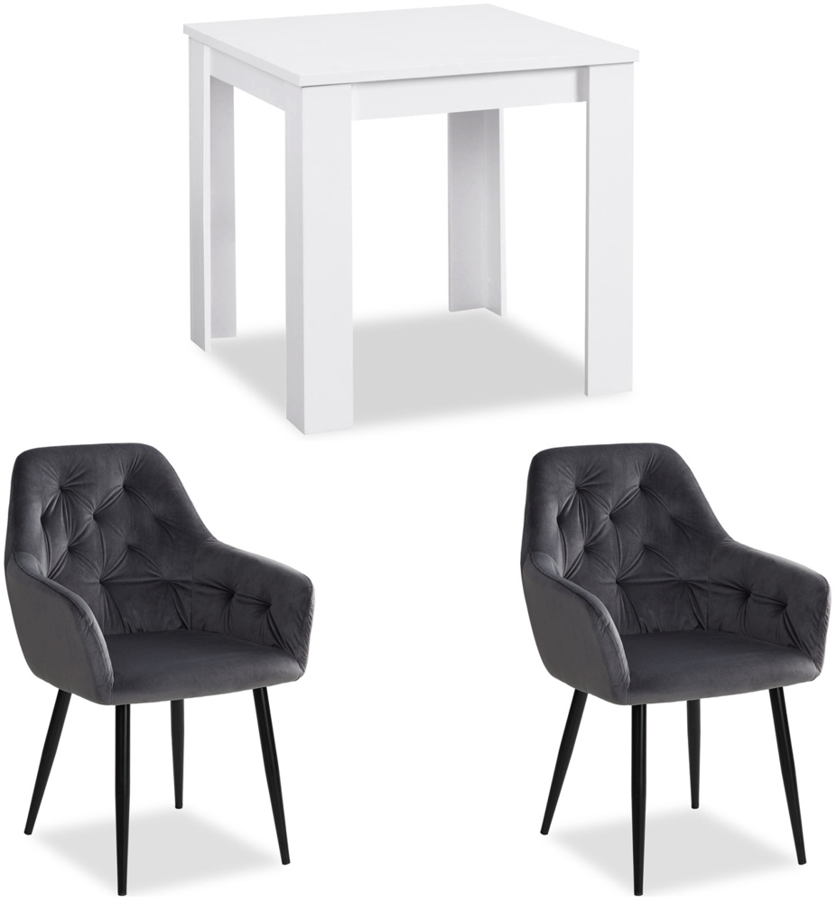 Essgruppe mit 2 Stühlen Esstisch Weiß 80x80 cm Esszimmertisch Holz Massiv Polstersessel Samt Grau Bild 1