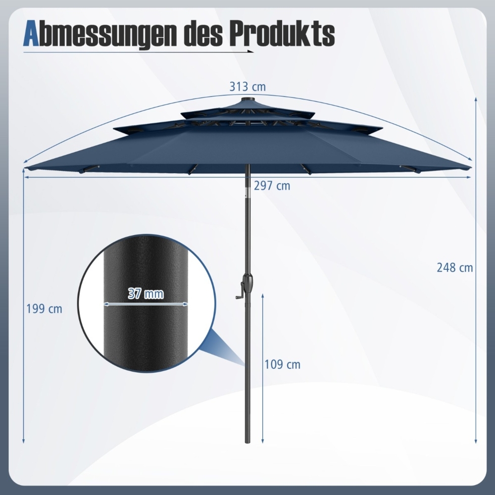 3-stöckiger Sonnenschirm mit Kurbel Beidseitig um 30° Knickbarer Gartenschirm Terrassenschirm Dunkelblau Bild 1
