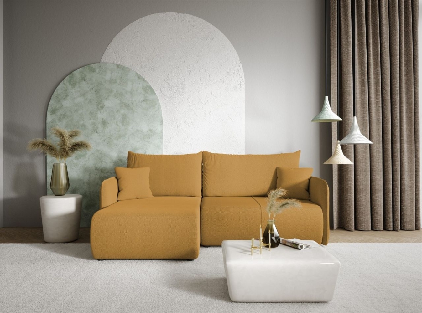 Ecksofa Sofa mit Schlaffunktion CALGARY Stoff Curio Senfgelb Ottomane Links Bild 1