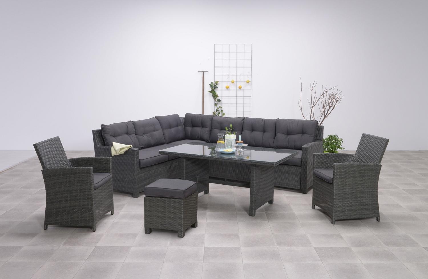 Garden Impressions Große Polyrattan-Ecklounge Gartenmöbel Sitzgruppe "Aberdeen XXL", inkl. Sessel, Hocker, Tisch, Kissen, grau Bild 1