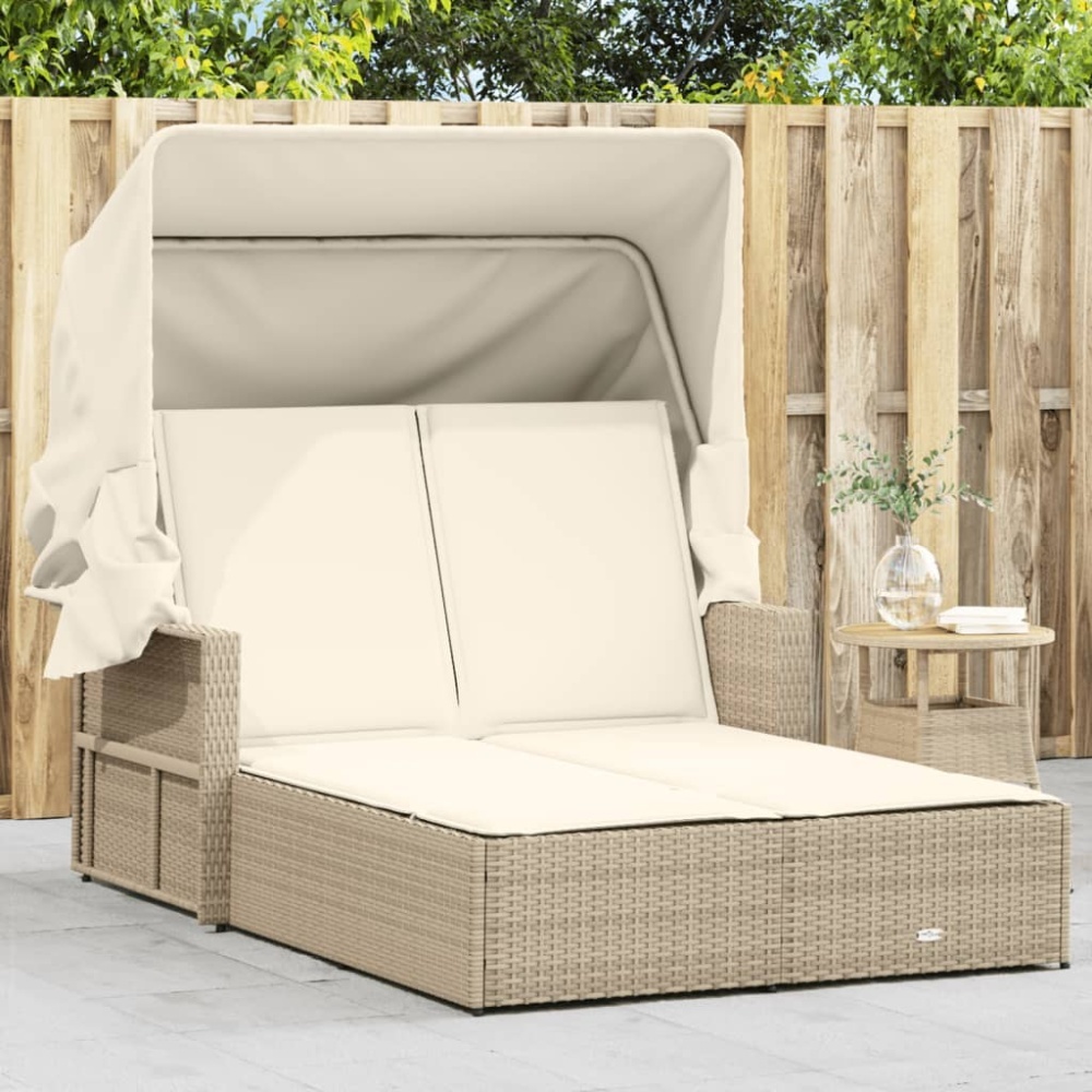 vidaXL Doppel-Sonnenliege mit Dach und Auflagen Beige Poly Rattan 365810 Bild 1