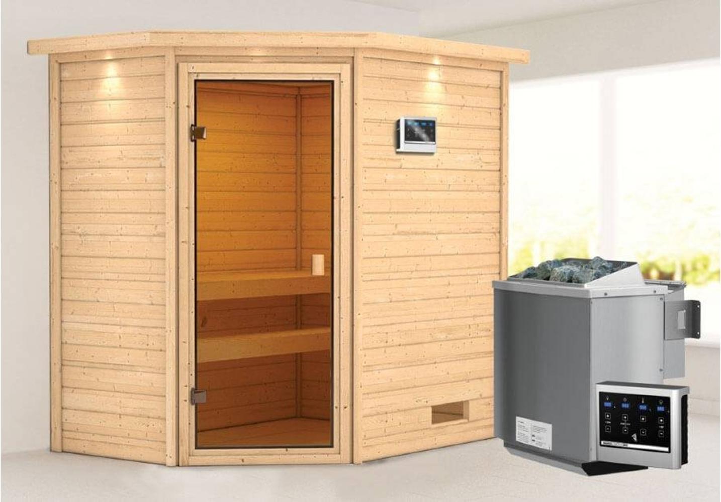 Karibu Jella Ecksauna mit Dachkranz + 9kW BIO-Kombiofen mit ext. Steuerung Easy Bild 1