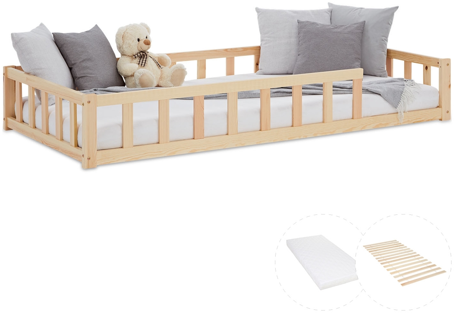 Kinderbett 90x200 mit Matratze Bodenbett mit Rausfallschutz Montessori Bett Kleinkindbett Holz Kiefer Natur Massiv Einzelbett Lattenrost Bild 1