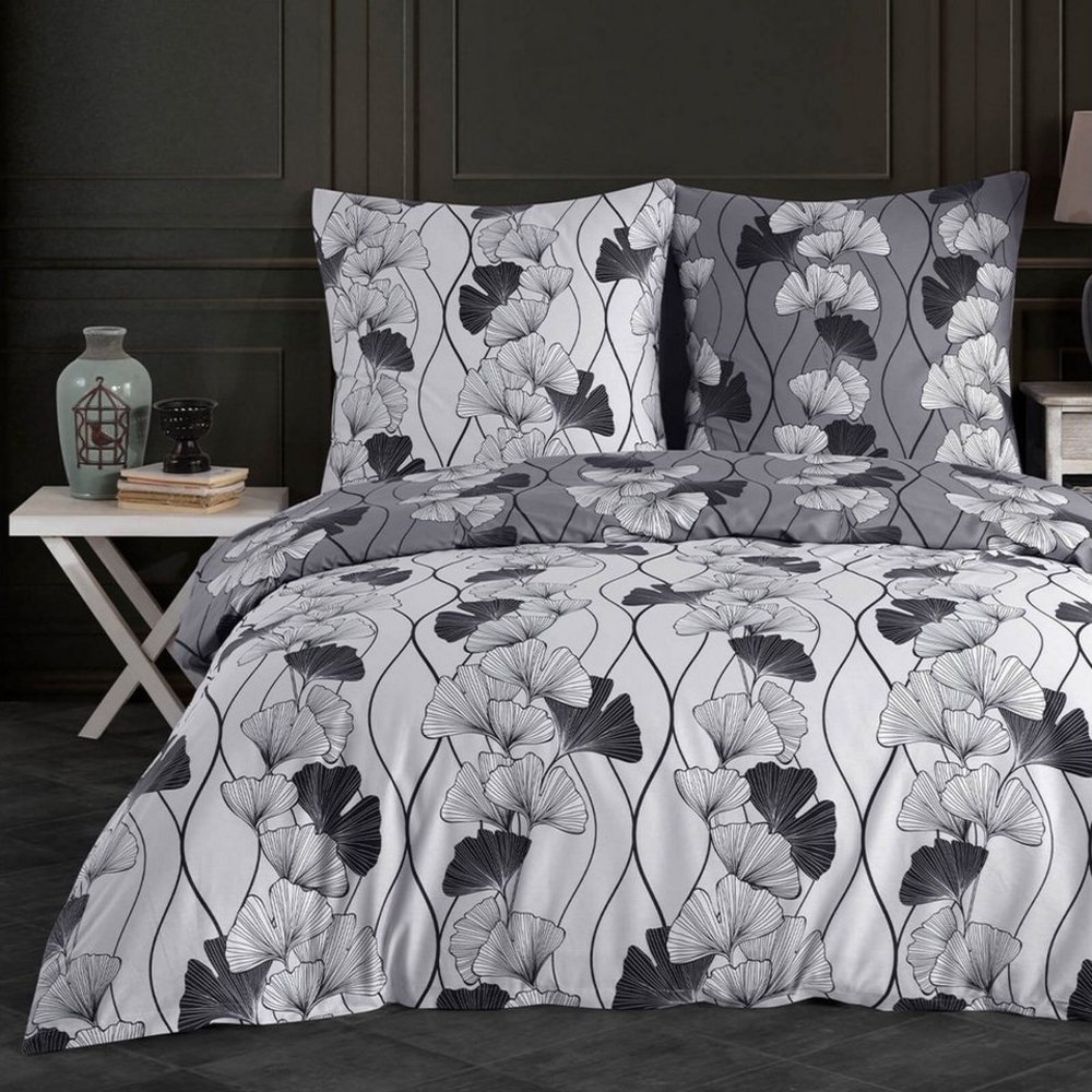 Buymax Bettwäsche Cornelia, Renforce: 100% Baumwolle, 2 teilig, 155x220 cm, mit Reißverschluss, Bettbezug-Set, Blumen, Grau, Schwarz Bild 1