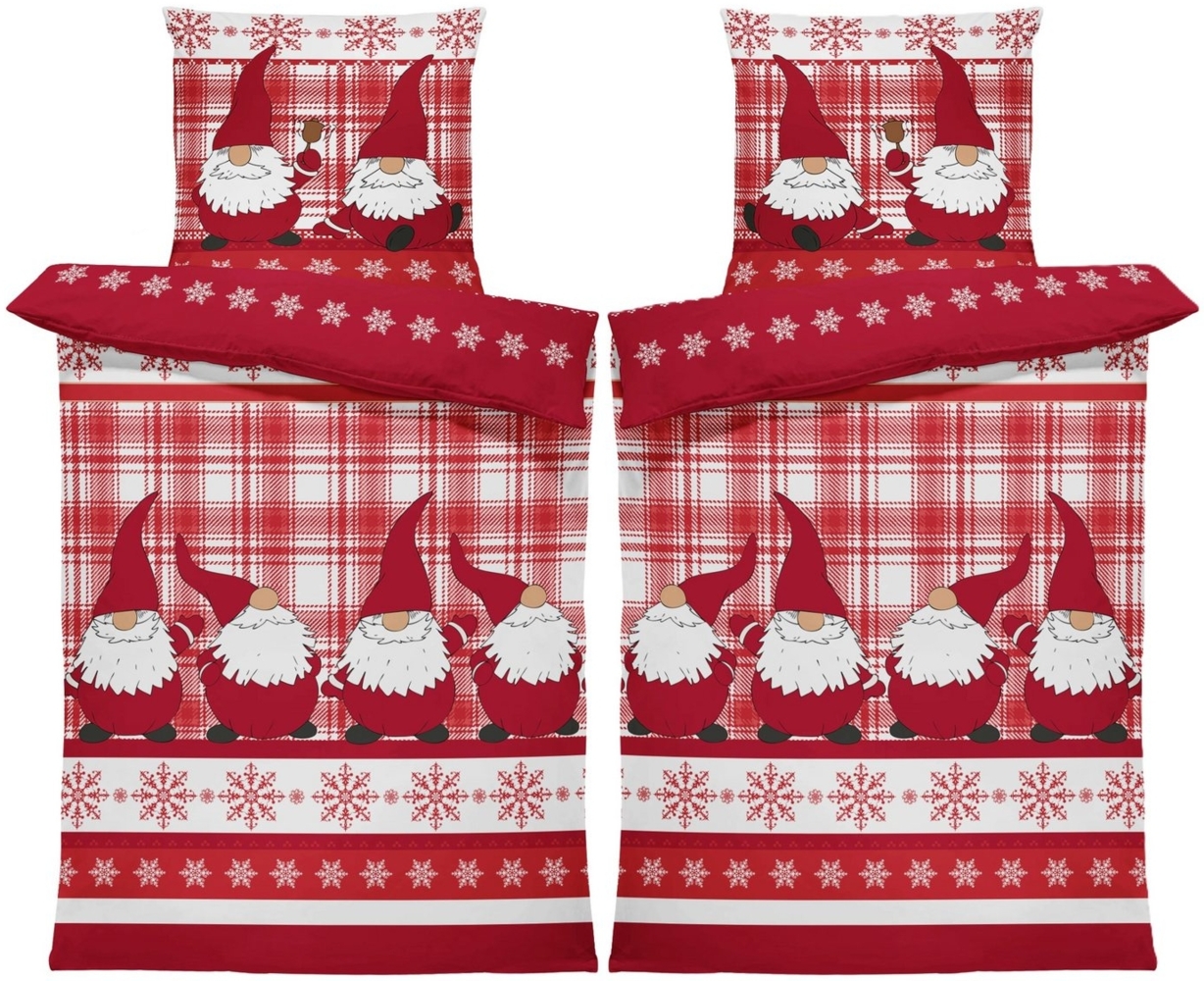 One Home Bettwäsche Wichtel Weihnachten Weihnachtsbettwäsche, Flanell, 4 teilig, Christmas kariert, Baumwolle kuschelig warm weich Biber Winter Bild 1