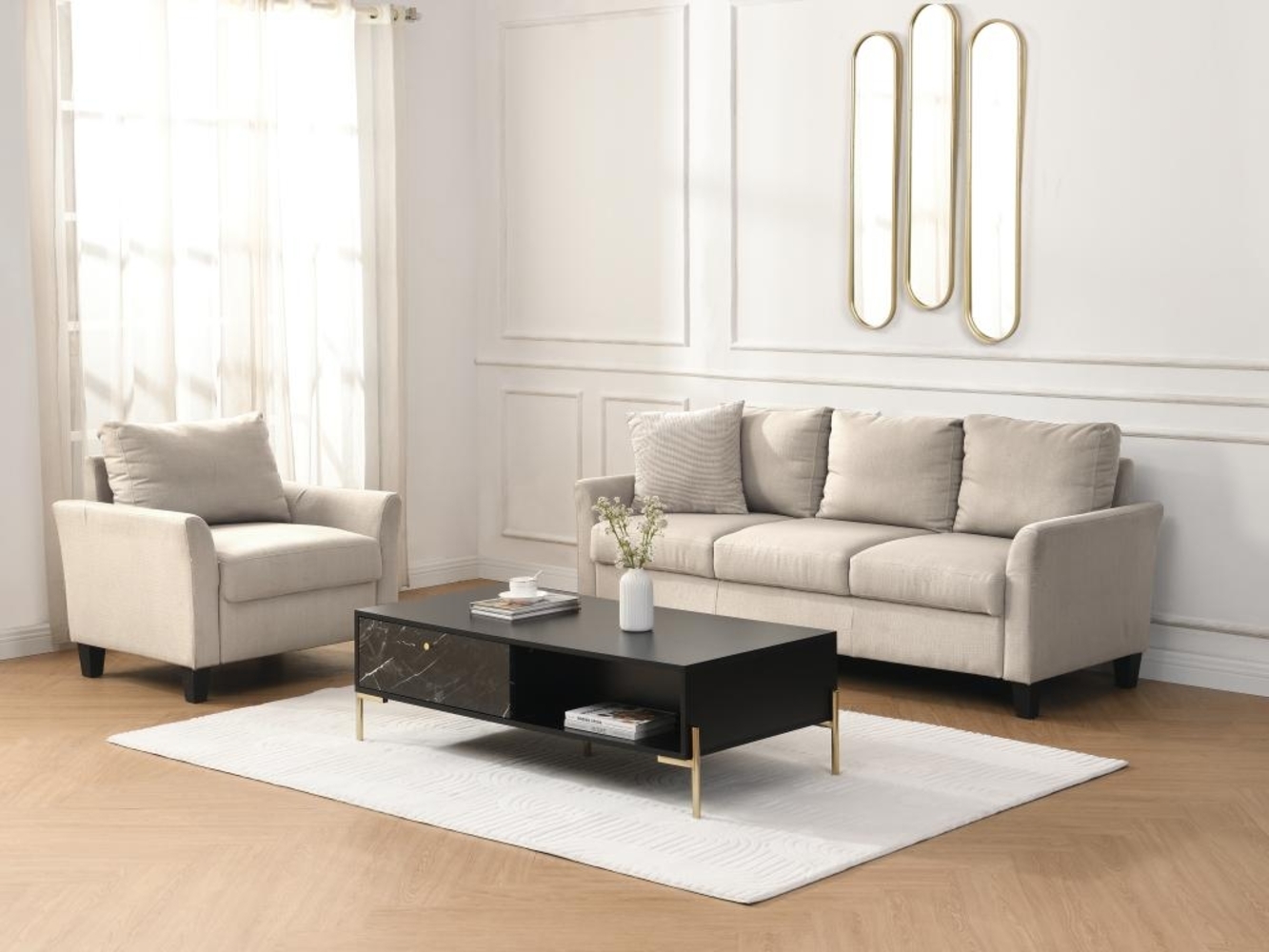 Vente-unique - Couchtisch mit 2 Schubladen & 2 Ablagefächern - MDF & Metall - Marmor-Optik Schwarz & Goldfarben - CIEMILA von Pascal Morabito Bild 1