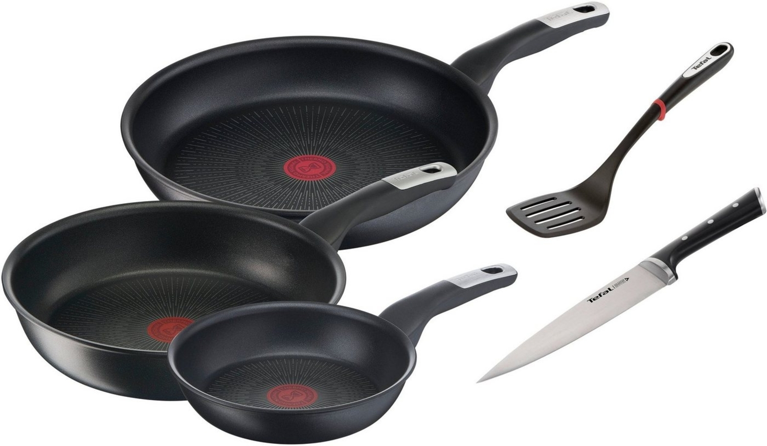 Tefal Pfannen-Set Unlimited Ice Force, Aluminium (Set, 5-tlg, je 1 Pfanne Ø 24/28 cm, Wok Ø 28 cm, Kochmesser, Bratwender), kratzfeste Antihaftversiegelung, Thermo-Signal, inkl. Zubehör Bild 1