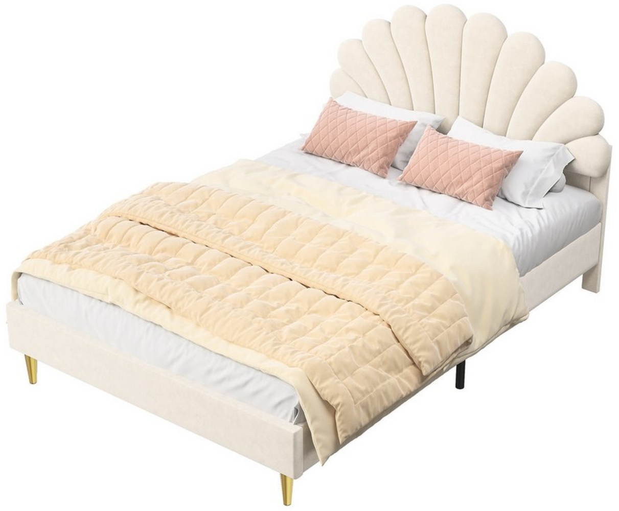FUROKOY Polsterbett Jugendbetten 140x200 cm Doppelbett mit Blütenblattform, Beige,Füße aus goldenem Metall,Schlafzimmerbett mit Lattenrost Bild 1