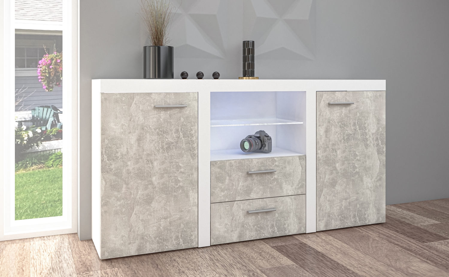 AX LIVING Schubladenschrank Kommode Spacoro 2F2S Modern in Weiß/Beton Bild 1