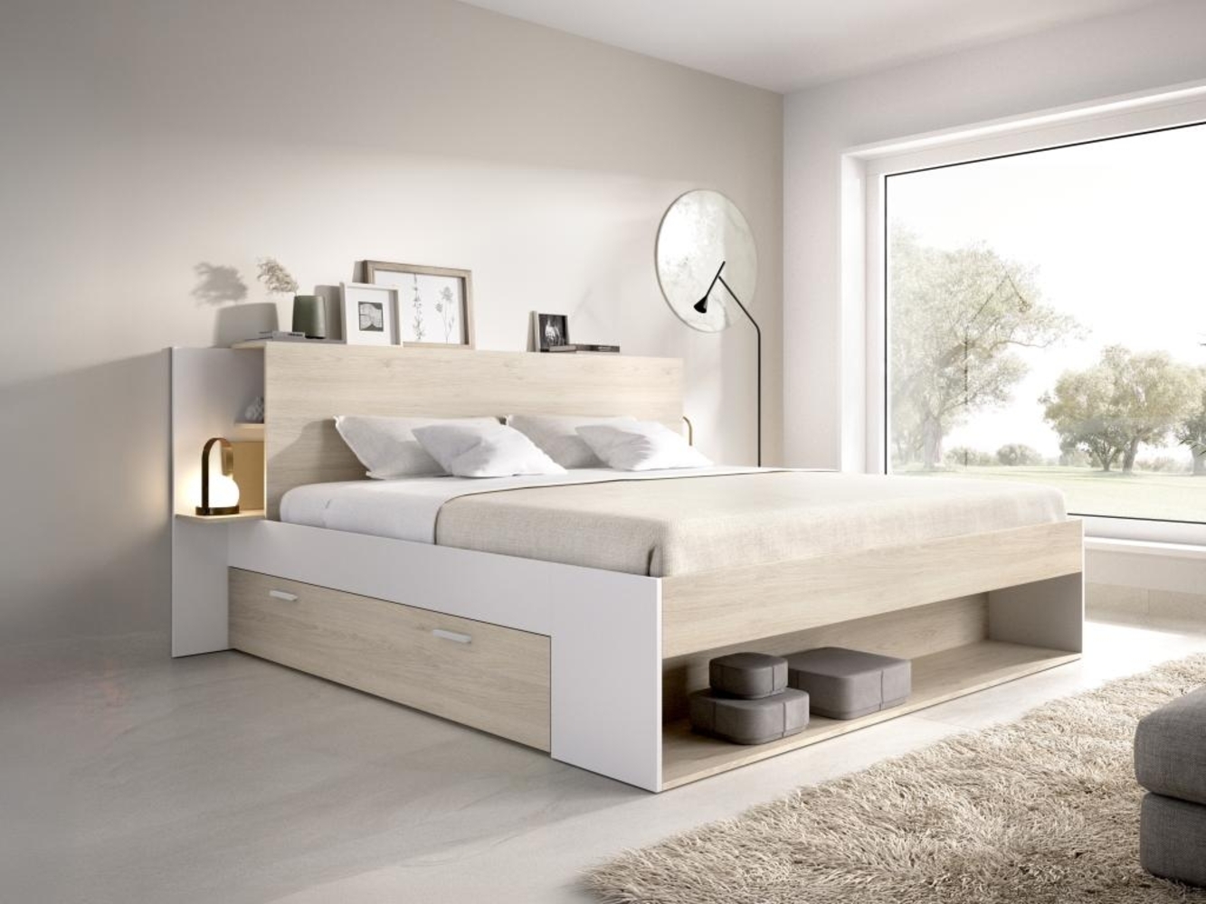 Vente-unique - Bett mit Stauraum - 140 x 190 cm - Holzfarben & Weiß - KEROSIA Bild 1