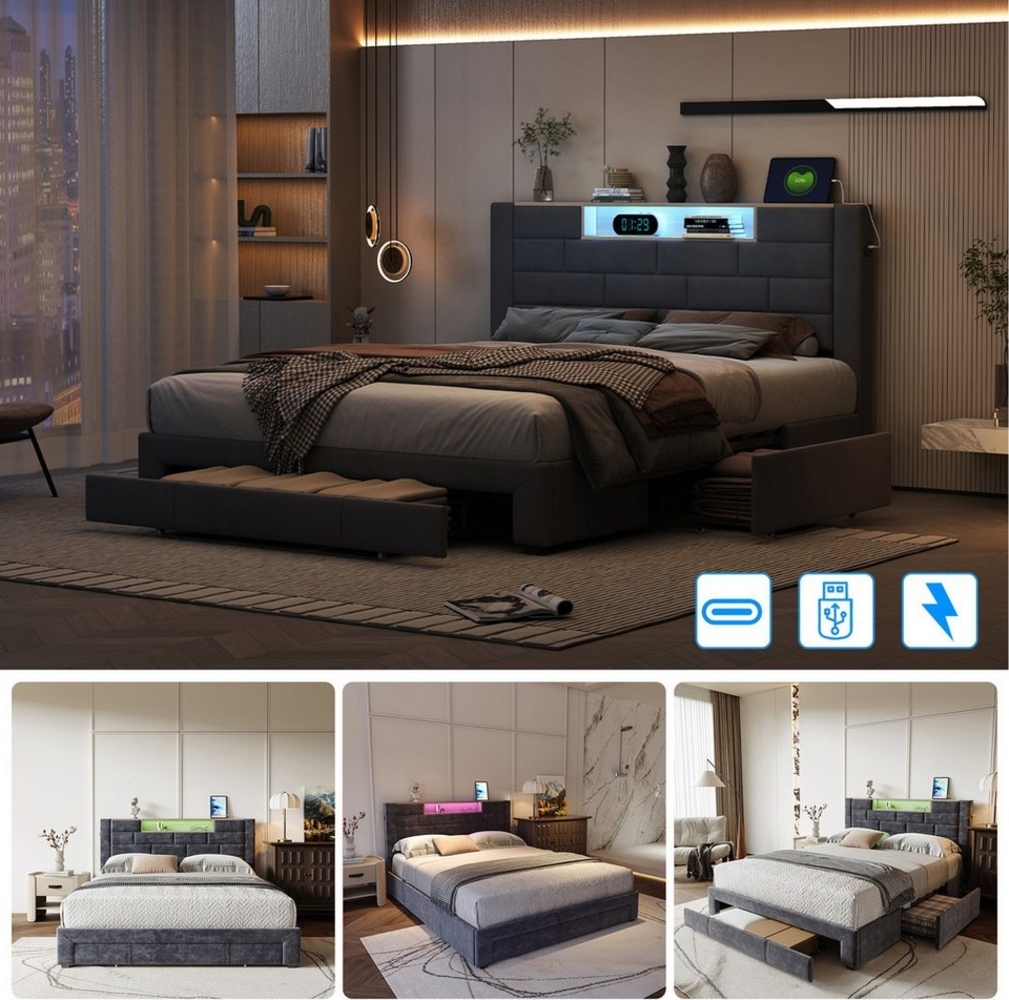 PXloue Polsterbett Doppelbett mit LED Licht 140x200cm (Mit Lattenrost und Ladefunktion, 3 schubladen), Modernes Jugendbett, Leises Design Bett, Max. Belastbarkeit 300 kg Bild 1