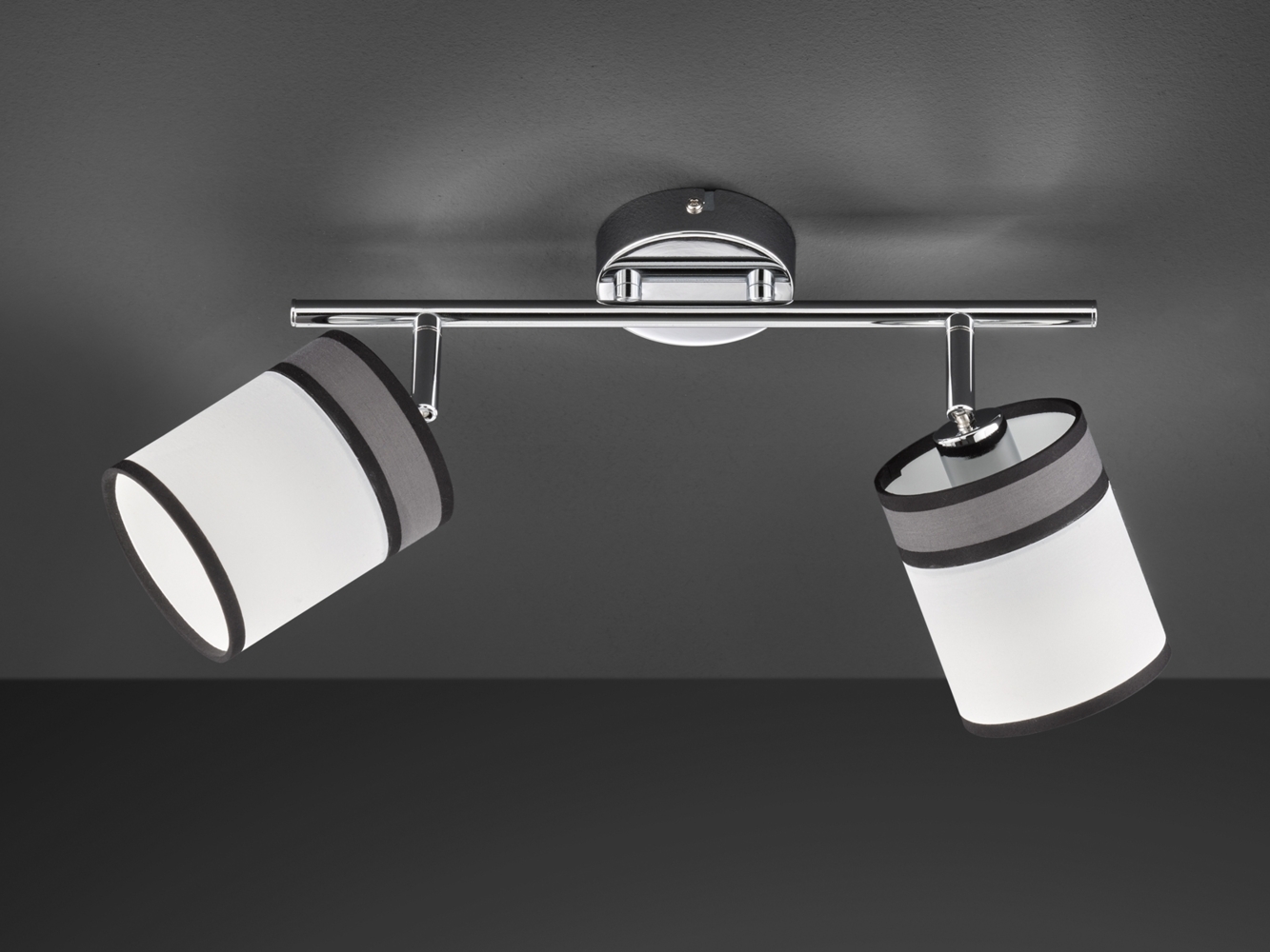 LED Deckenstrahler 2-flammig Silber Chrom, Stoffschirme Weiß / Grau, Breite 51cm Bild 1