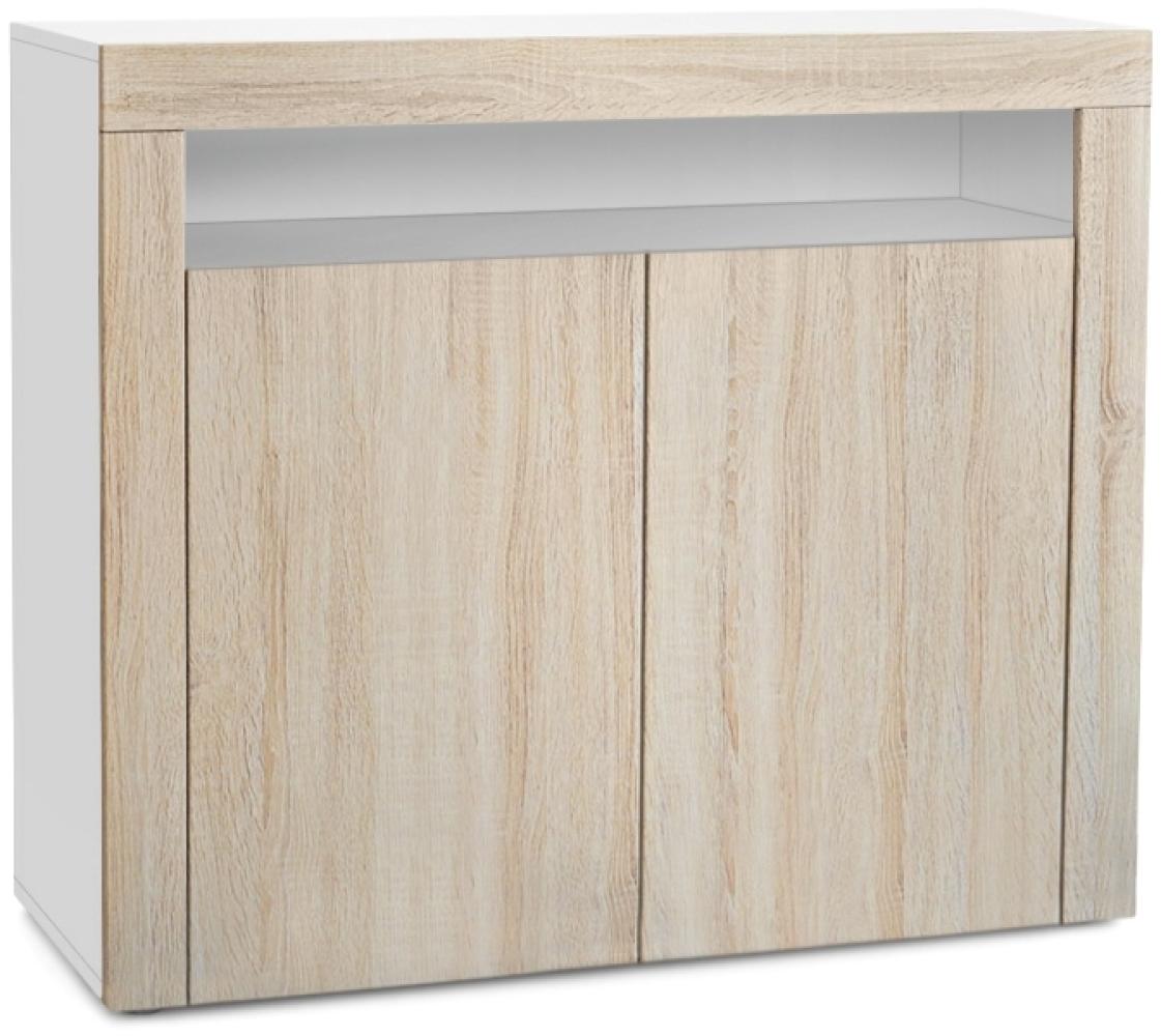 Vladon Kommode Valencia, Sideboard mit 2 Türen und 1 offenem Fach, Weiß matt/Eiche sägerau/Eiche sägerau (108 x 92 x 40 cm) Bild 1