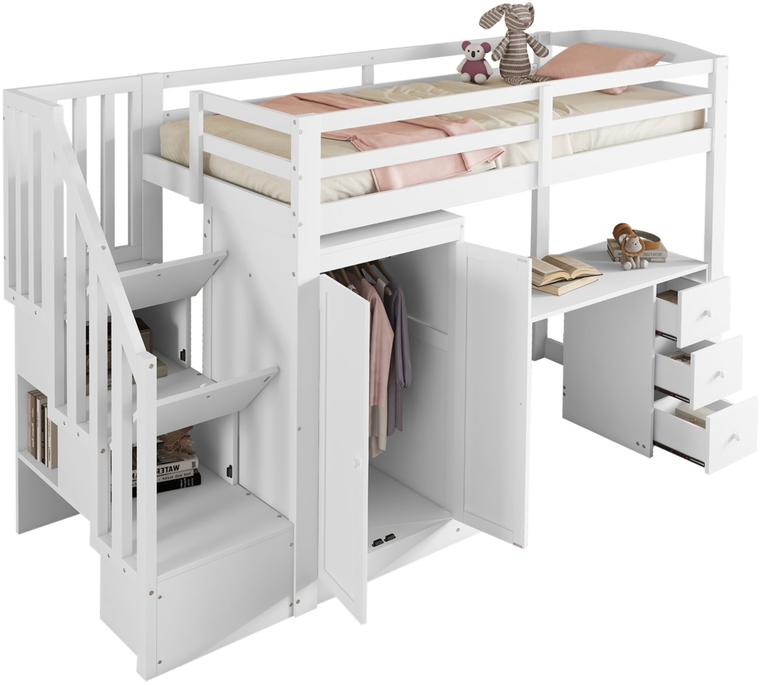 ComfortXL Hochbett mit Schreibtisch-O3024, Massivholz, Weiß, 251x94x160cm Bild 1