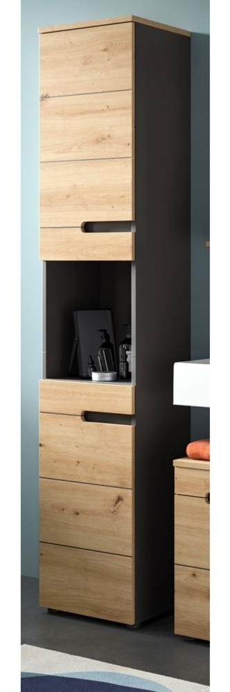 Badezimmer Hochschrank Cooper in Eiche und grau 38x193 cm Bild 1