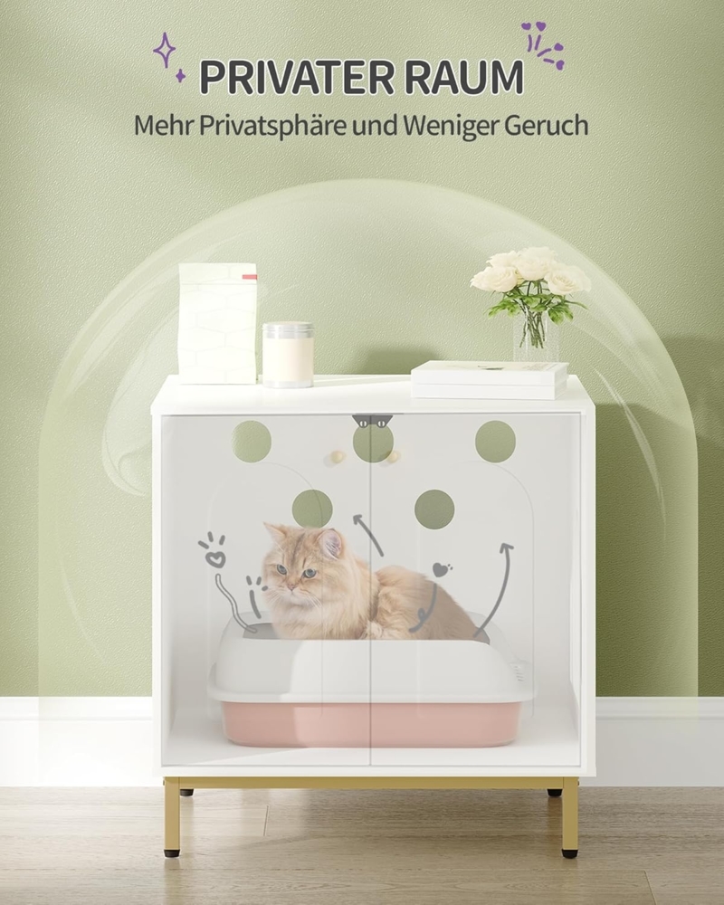 Katzenschrank, Katzentoilette, Katzenklo Schrank, Katzenhaus mit Tür, Hölzerner Beistelltisch für das Haustierhaus, 50 x 60 x 61 cm, Stabile Katzenschrank, Weiß und Gold Bild 1