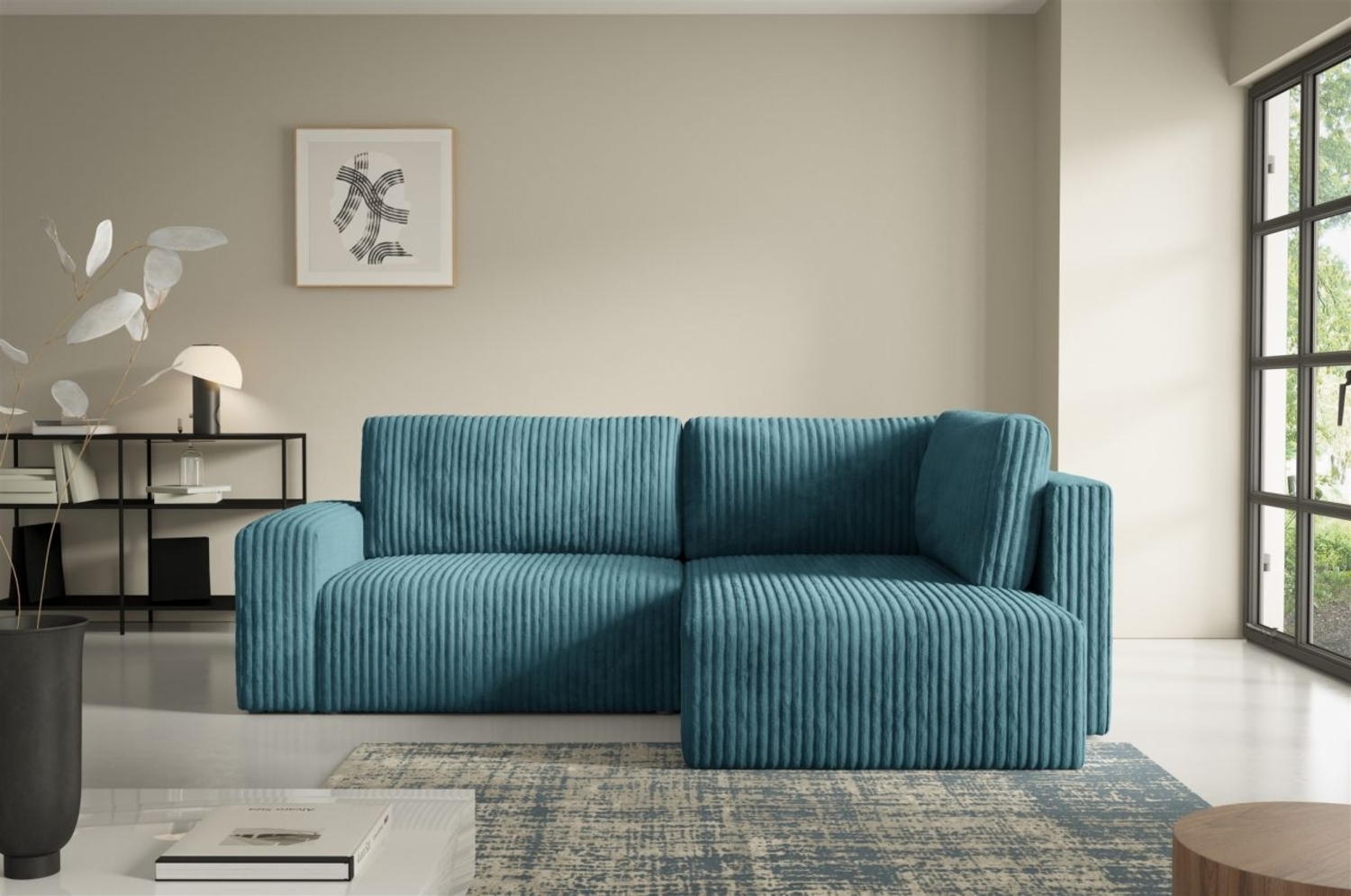 Ecksofa mit Schlaffunktion NATALIA XL in Stoff Tilia Blau Ottomane Rechts Bild 1