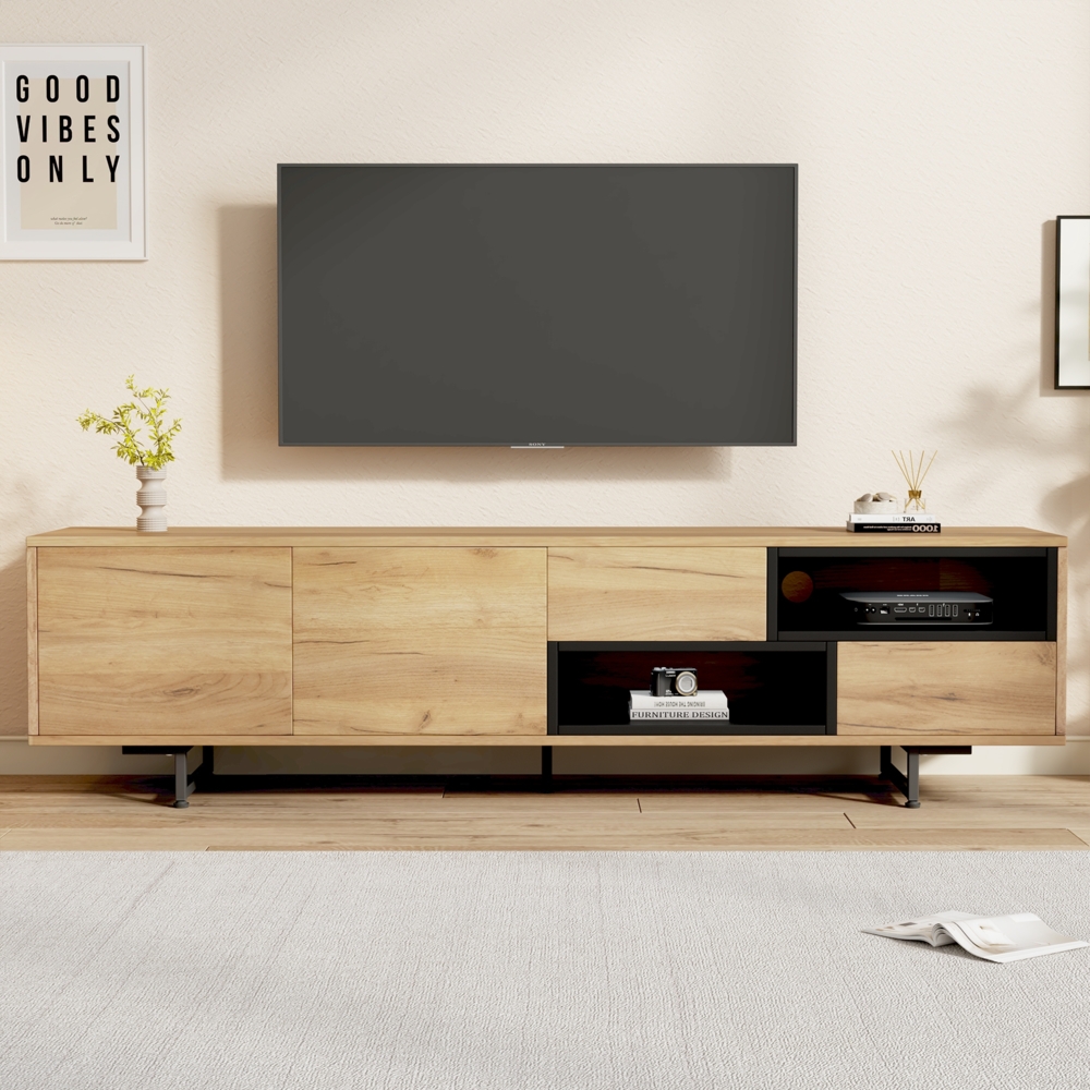 Merax Schrank für TV, mehrere Aufbewahrungsfunktionen, holzfarbene Spanplatte, offener Stauraum mit Leiterfächern, bietet Platz für bis zu 70-Zoll-TVs, 173 x 38 x 48 cm Bild 1