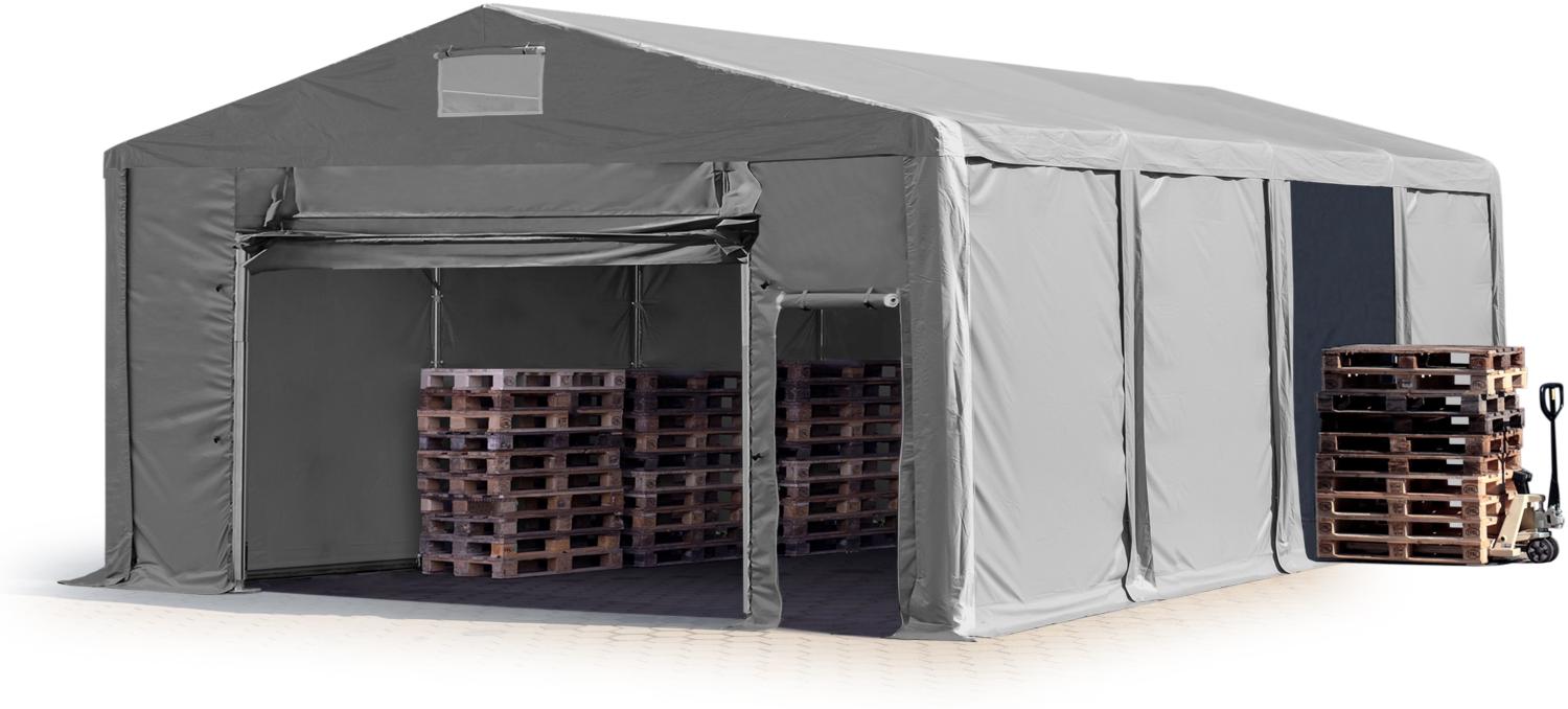 Lagerzelt 8x8 m Zelthalle Industriezelt mit 3m Seitenhöhe PVC Plane 850 N grau 100% wasserdicht Ganzjahreszelt mit Hochziehtor Bild 1