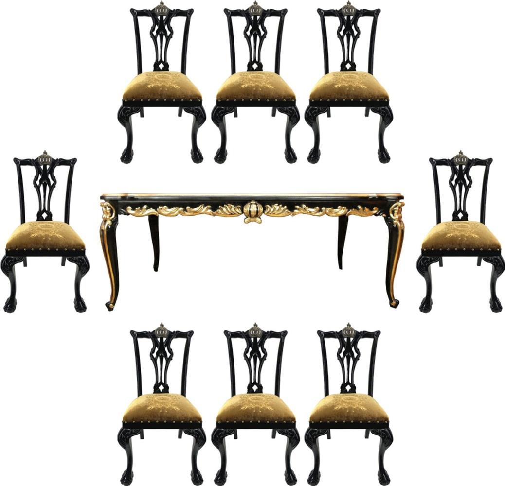 Pompöös by Casa Padrino Barock Luxus Esszimmer Set Krone Gold / Schwarz - Pompööser Barock Esstisch mit Glasplatte und 8 Stühlen designed by Harald Glööckler - Esszimmer Möbel im Barockstil Bild 1