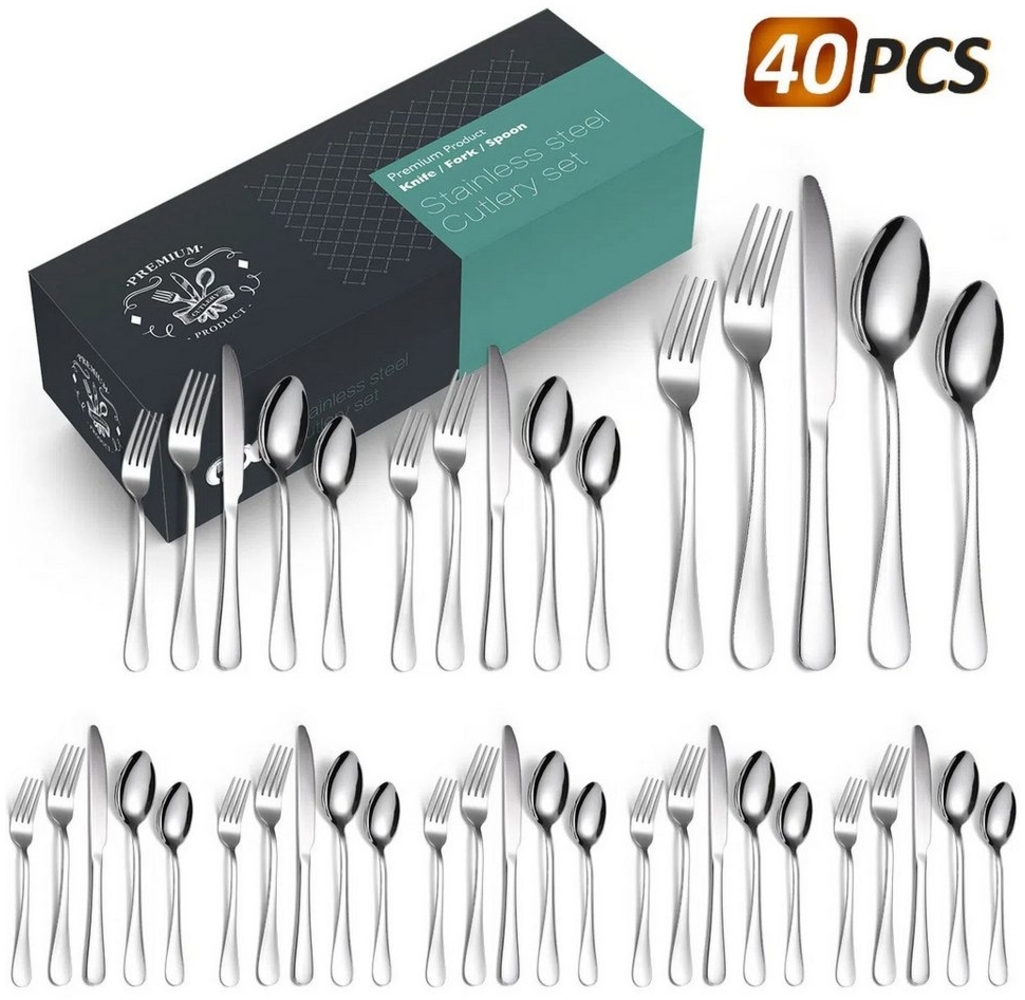 YNOFIT Besteck-Set 40-teiliges Besteckset, geeignet für 8 Personen, Mehrfarbig erhältlich, 8 Personen, (40-tlg) Edelstahl, hochglanzpoliert, ideal für Familie, Party, Hotel Bild 1