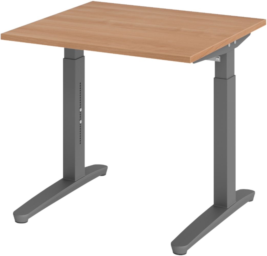 bümö manuell höhenverstellbarer Schreibtisch 80x80 in Nussbaum, Gestell in graphit - PC Tisch höhenverstellbar & klein, höhenverstellbarer Tisch Büro, kleiner Computertisch verstellbar, X08-N-GG Bild 1