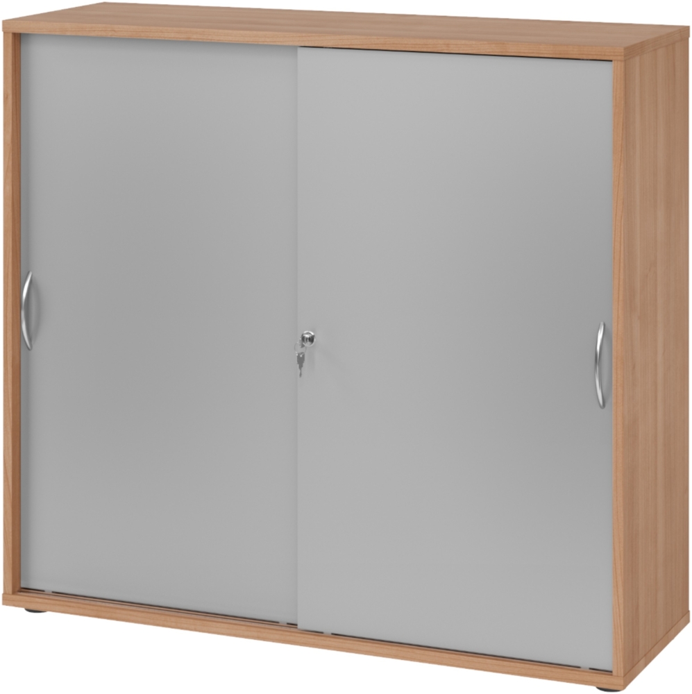 bümö Schiebetürenschrank 3OH - Aktenschrank abschließbar, Sideboard Schrank mit Schiebetüren in Nussbaum/Silber, Bogengriff - Büroschrank aus Holz mit Schiebetür, Büro Kommode für Ordner & Co, 1753S-N-S-BM Bild 1