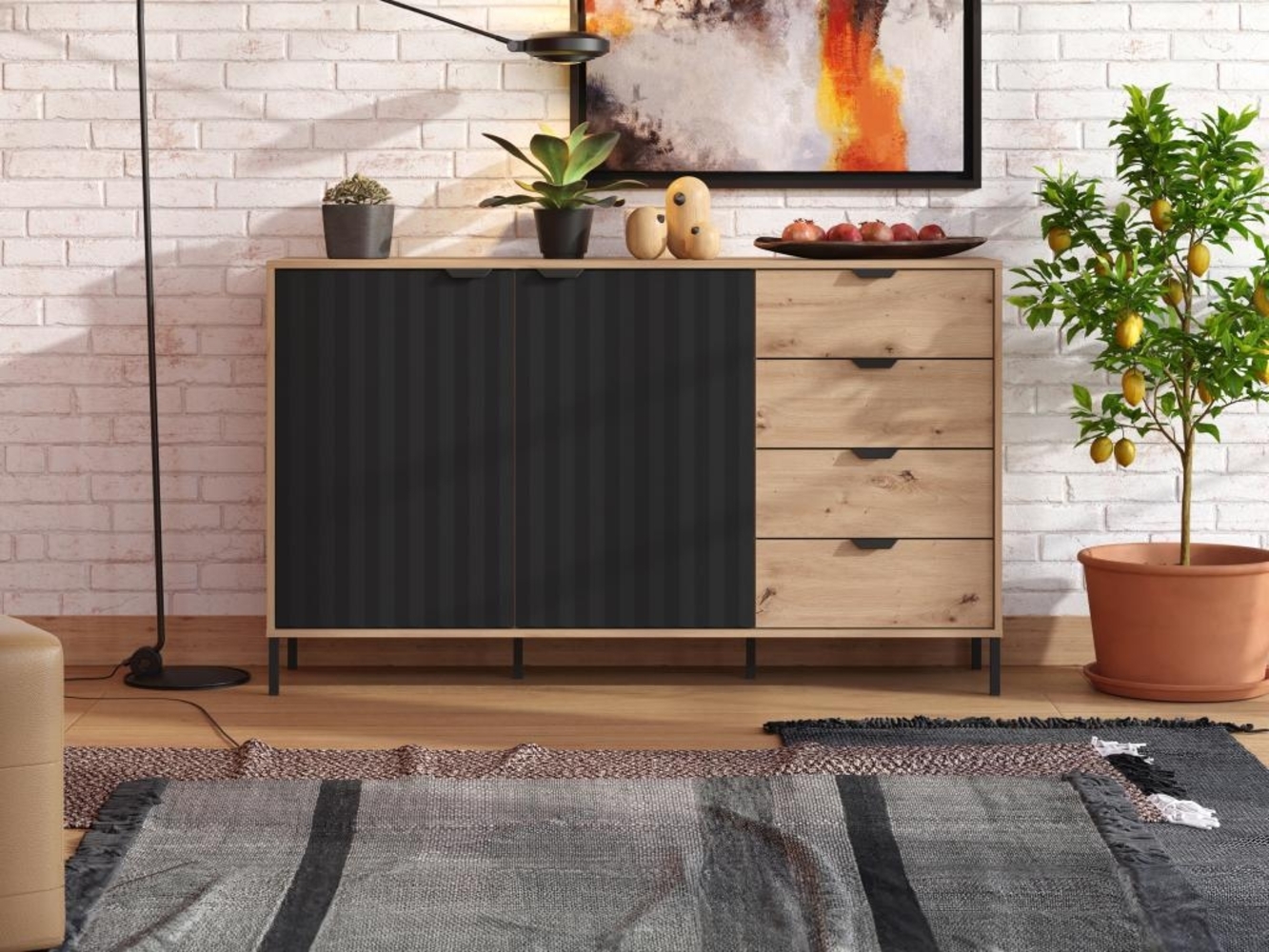 Vente-unique - Sideboard mit 2 Türen & 4 Schubladen - Holzfarben & Schwarz - MEVIELA Bild 1