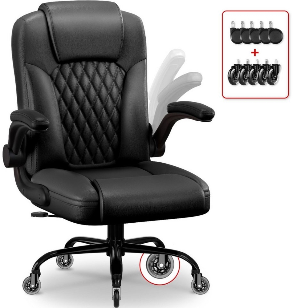 Homimaster Bürostuhl Ergonomisch, Kunstleder Schreibtischstuhl 90° Klappbaren Armlehnen (Schreibtisch Stuhl 90-120° Wippfunktion, Ergonomischer Bürostuhl mit Lendenwirbelstütze), Schreibstuhl Höhenverstellbar, 150kg Belastbar Bild 1