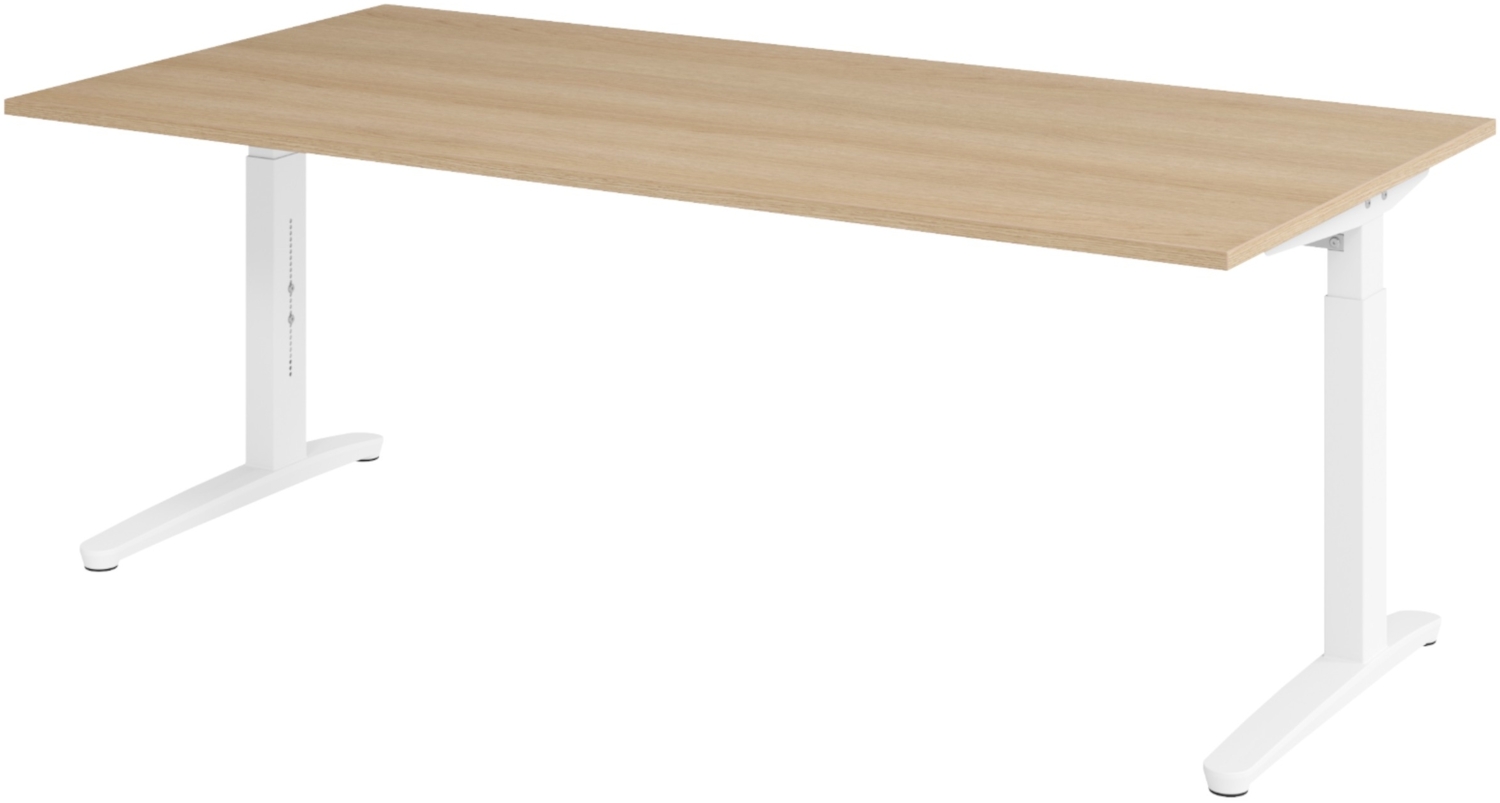bümö manuell höhenverstellbarer Schreibtisch 200x100 in Eiche, Gestell in weiß - PC Tisch höhenverstellbar & groß, höhenverstellbarer Tisch Büro, großer Computertisch verstellbar, X2E-E-WW Bild 1