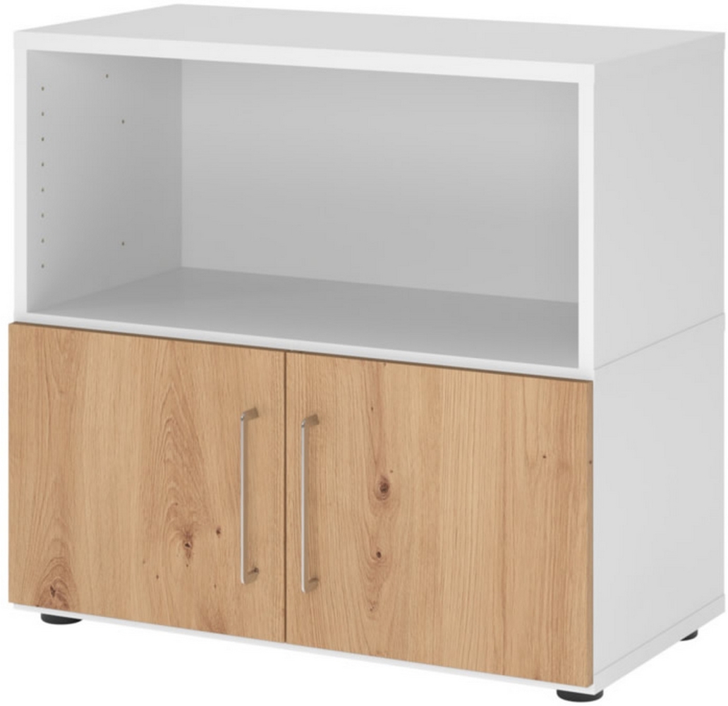 bümö flexi Aktenschrank klein mit Flügeltüren & 1 Regalfach in Weiß/Asteiche, Büroschrank mit werkzeuglosem Schnellmontage-Klicksysten in modularer Bauweise, FW28T1KG-W-R-BS Bild 1