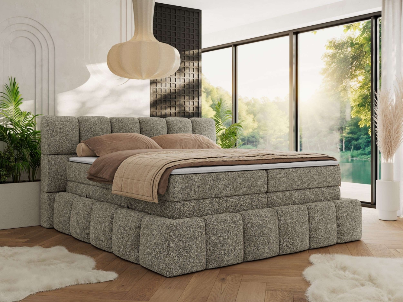 Boxspringbett NIRA KING, Doppelbett mit Fußteil, 7-Zonen Multipocket-Matratzen und Topper, Schlafzimmerbett - 140 x 200 cm - Grau Struktur - H4 Bild 1