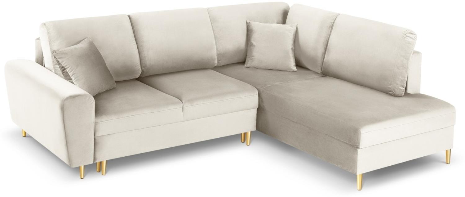 Micadoni 5-Sitzer Samtstoff Ecke rechts Sofa mit Bettfunktion und Box Moghan | Bezug Light Beige | Beinfarbe Gold Metal Bild 1