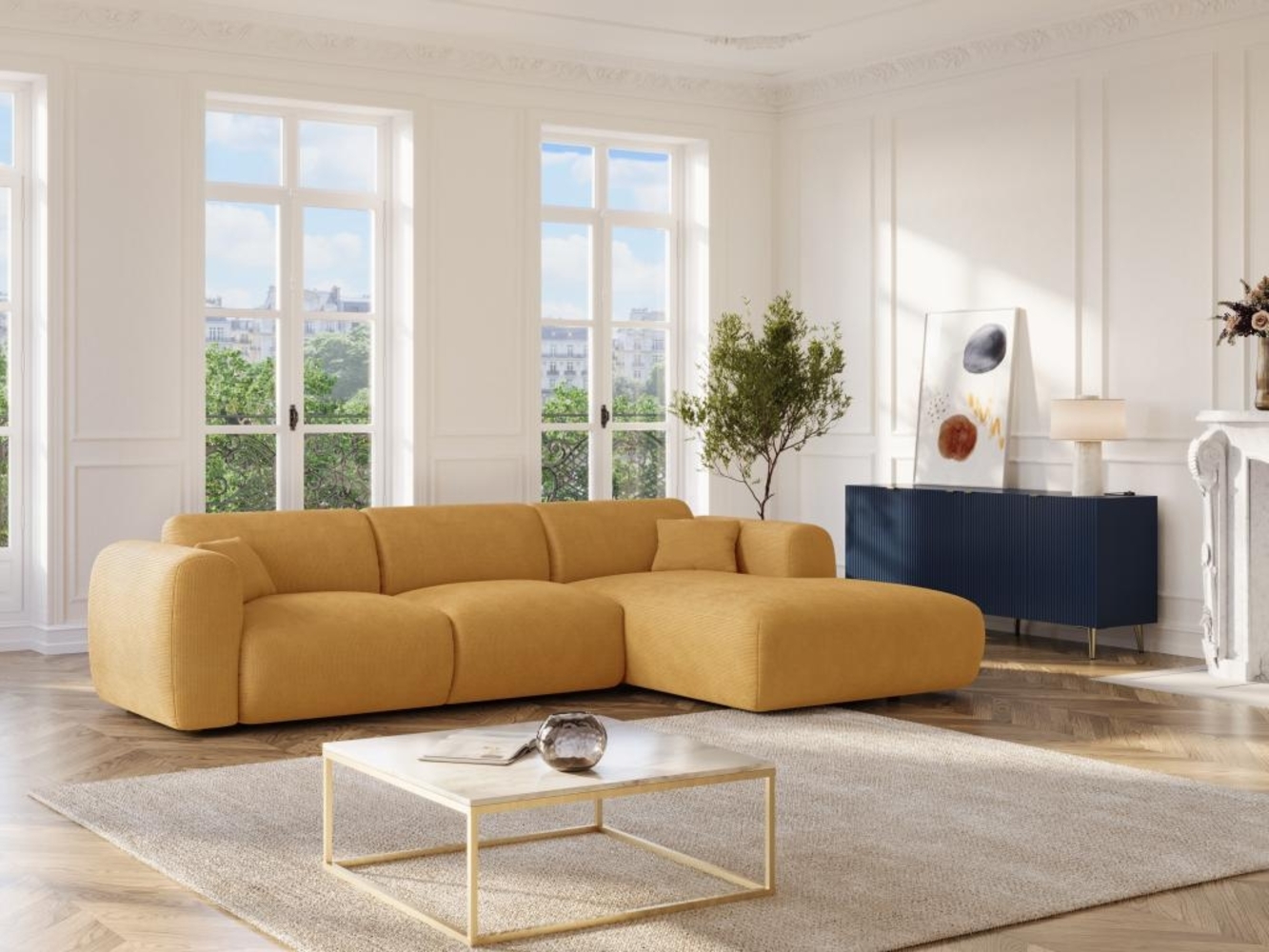 Vente-unique - Großes Ecksofa - Ecke rechts - Strukturstoff - Senfgelb - POGNI von Maison Céphy Bild 1