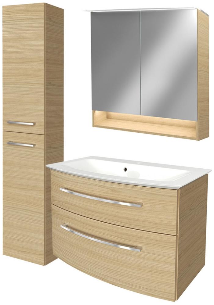 Fackelmann B.STYLE Badmöbel Set 4-teilig, 83 cm, Braun + LED-Spiegelschrank + Hochschrank links Bild 1