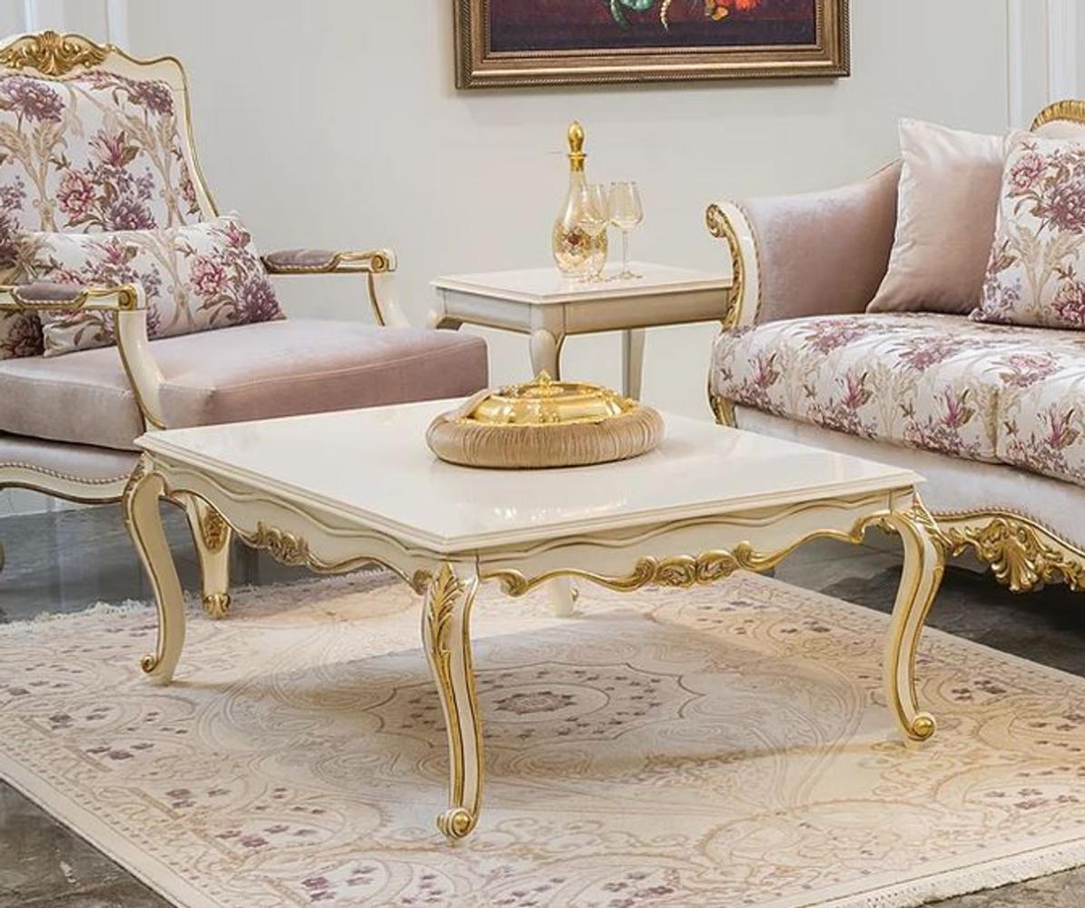 Casa Padrino Luxus Barock Couchtisch Weiß / Gold 121 x 81 x H. 44 cm - Edler Massivholz Wohnzimmertisch im Barockstil - Barock Wohnzimmer Möbel Bild 1