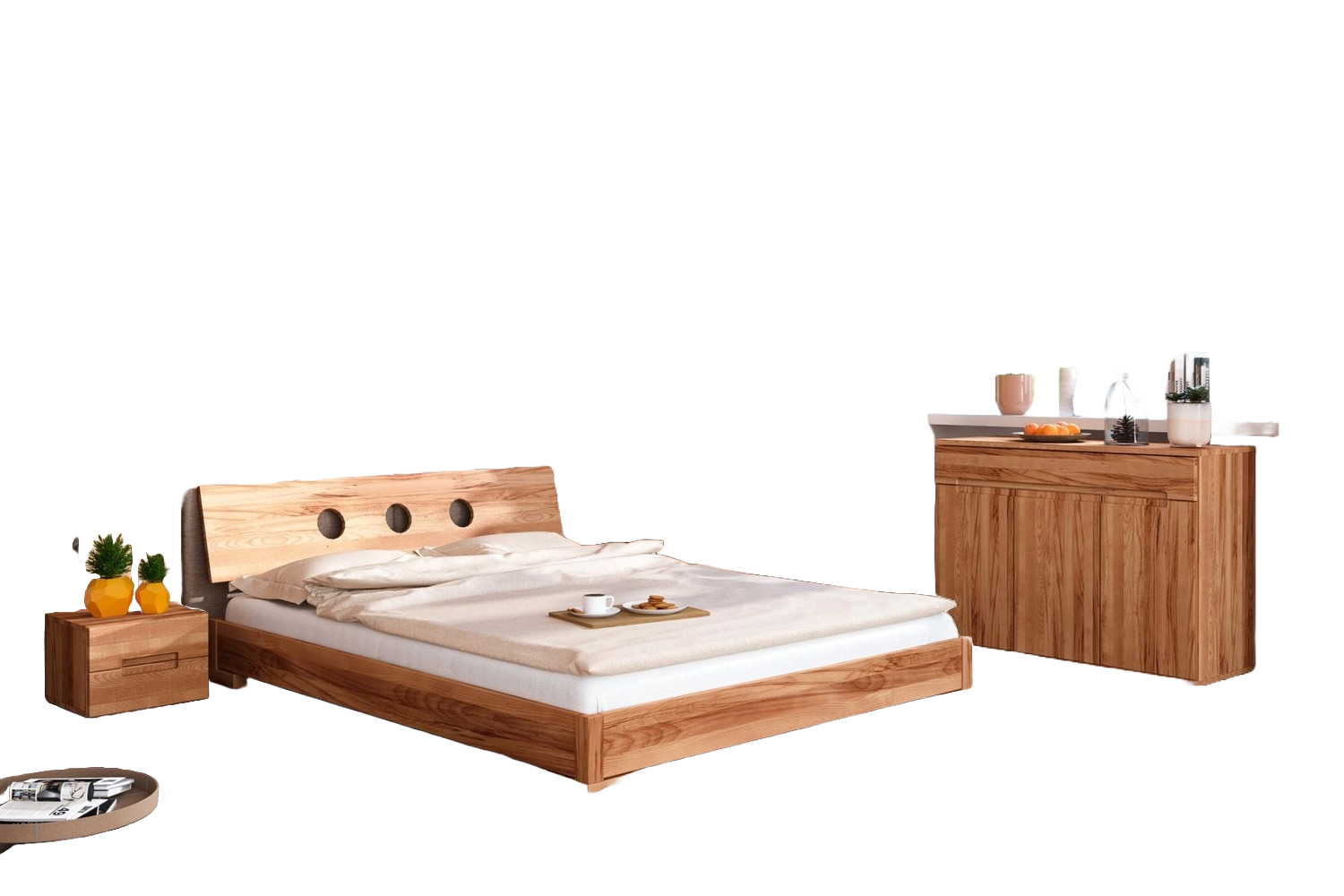 Bett Bento 13 aus Kernbuche massiv 140x200 cm mit Holzkopfteil und Holzbeinen Bild 1