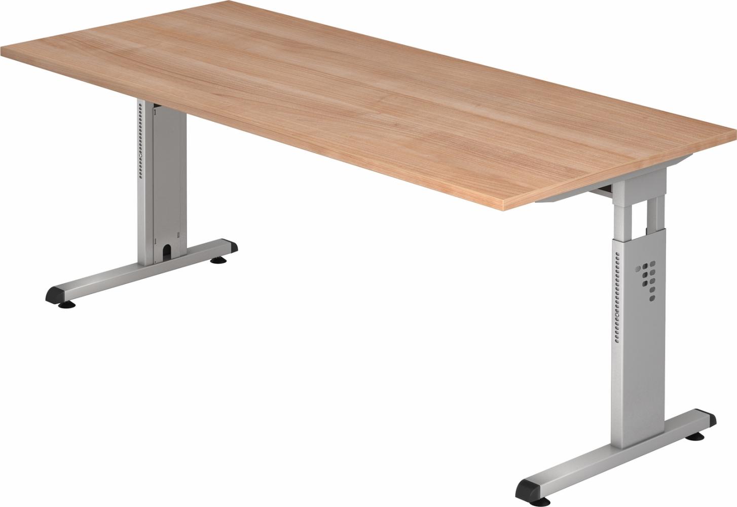 bümö höhenverstellbarer Schreibtisch O-Serie 180x80 cm in Nussbaum, Gestell in Silber - großer PC Tisch für's Büro manuell höhenverstellbar, Computertisch verstellbar, OS-19-N-S Bild 1