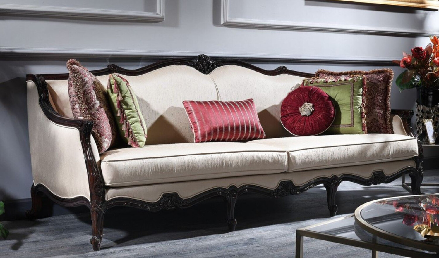 Casa Padrino Luxus Barock Sofa Creme / Braun 260 x 90 x H. 95 cm - Wohnzimmer Sofa im Barockstil - Barock Möbel Bild 1