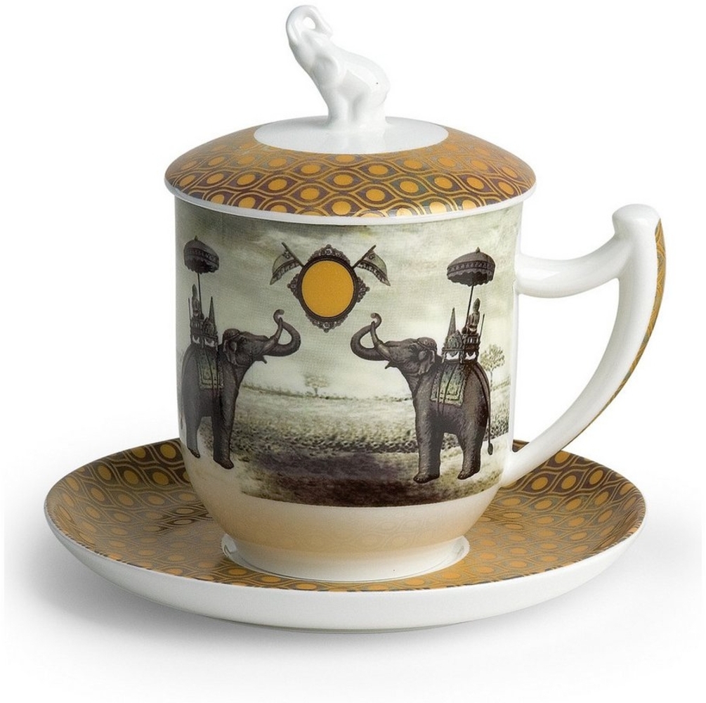 TeaLogic Tasse Sepia Elephant Untertasse Sieb Deckel 0,35 L Fine Bone China Porzellan, 4-tlg. Bild 1