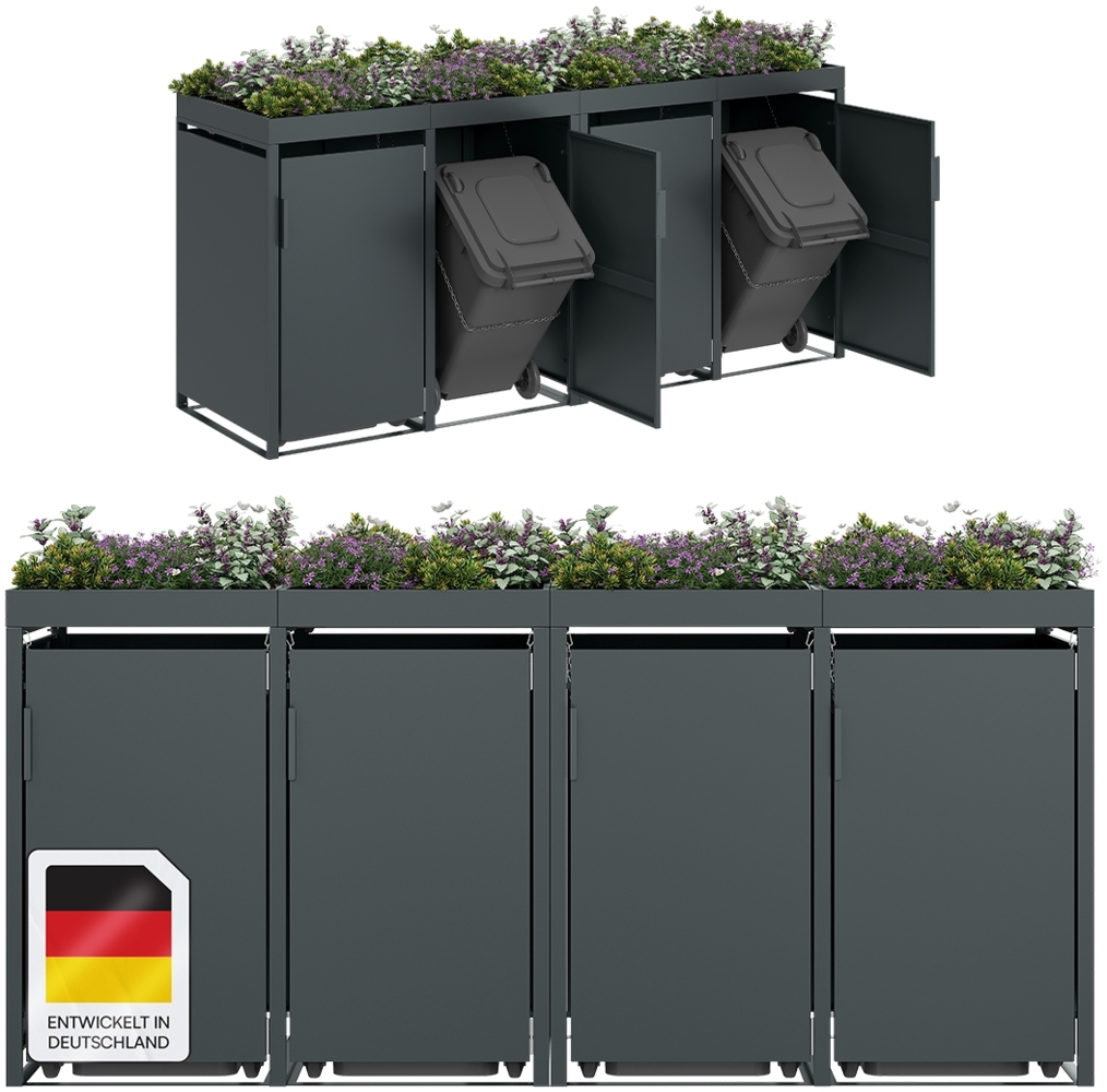 STEELSØN 'Thoria' Mülltonnenbox für 4 Tonnen je 240 Liter, anthrazit, Mülltonnenverkleidung aus Stahl, wetterfest, 125x80x268 cm, Müllbox mit Pflanzendach Bild 1