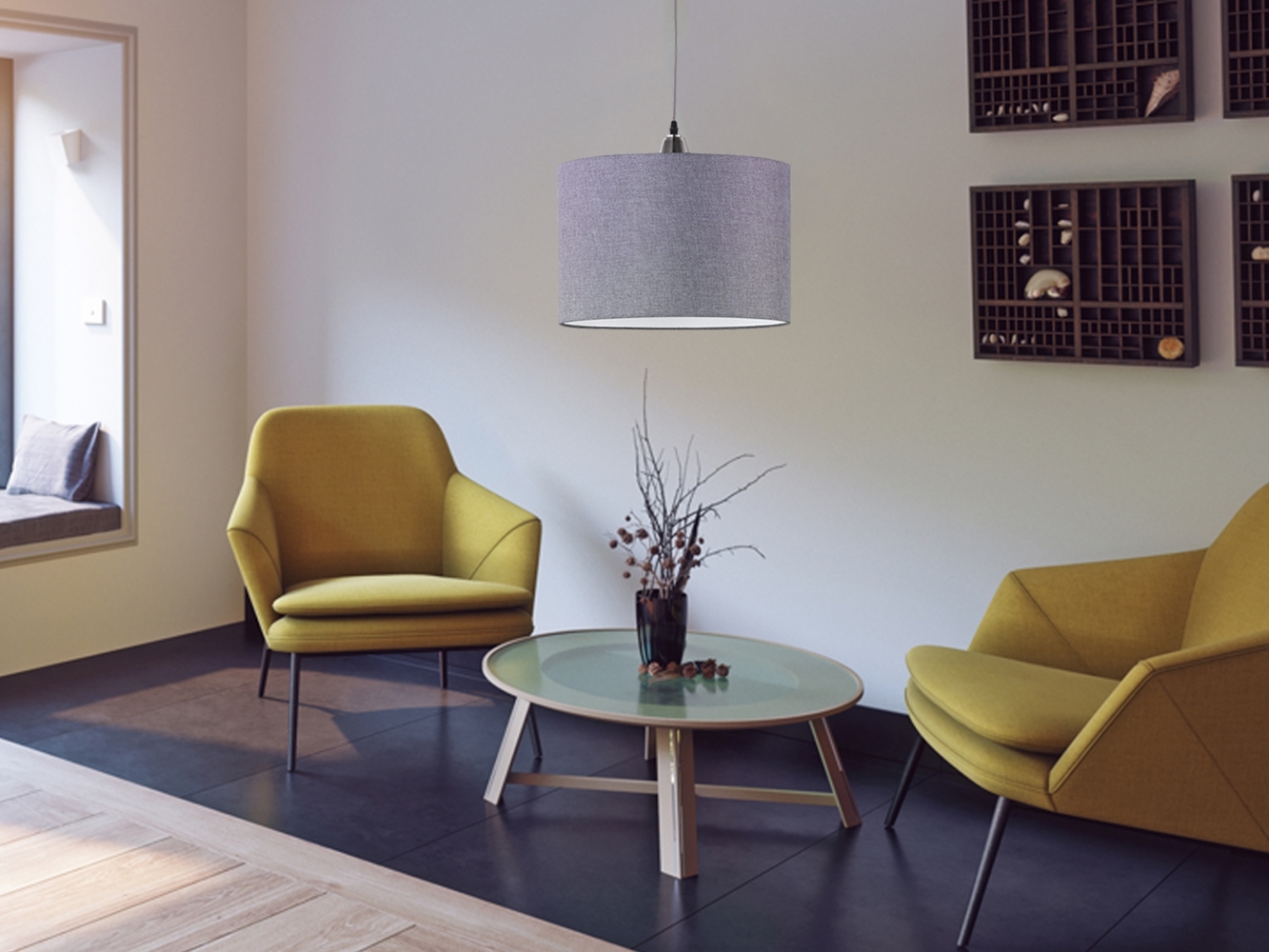 LED Pendelleuchte 1 flammig mit grauem Stoffschirm, Ø 40cm Bild 1
