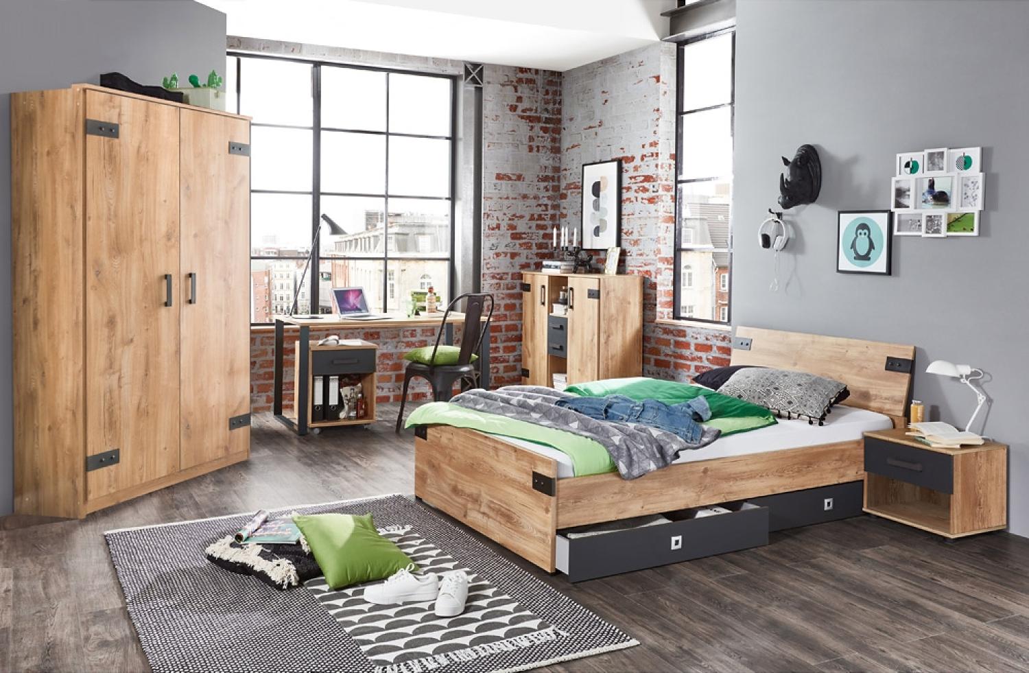 Jugendzimmer Set mit Bett in 120cm Breite EVERTON-43 Kleiderschrank 90cm und Schreibtisch mit Rollcontainer Bild 1