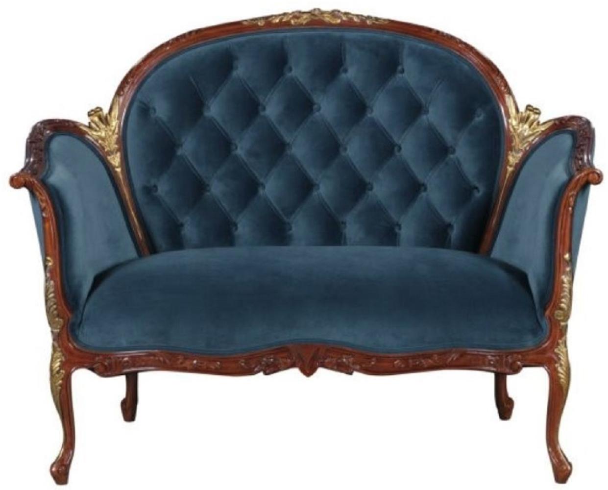 Casa Padrino Barock Samt Sofa Blau / Braun / Messingfarben 125 x 73,5 x H. 92,5 cm - Möbel im Barockstil Bild 1